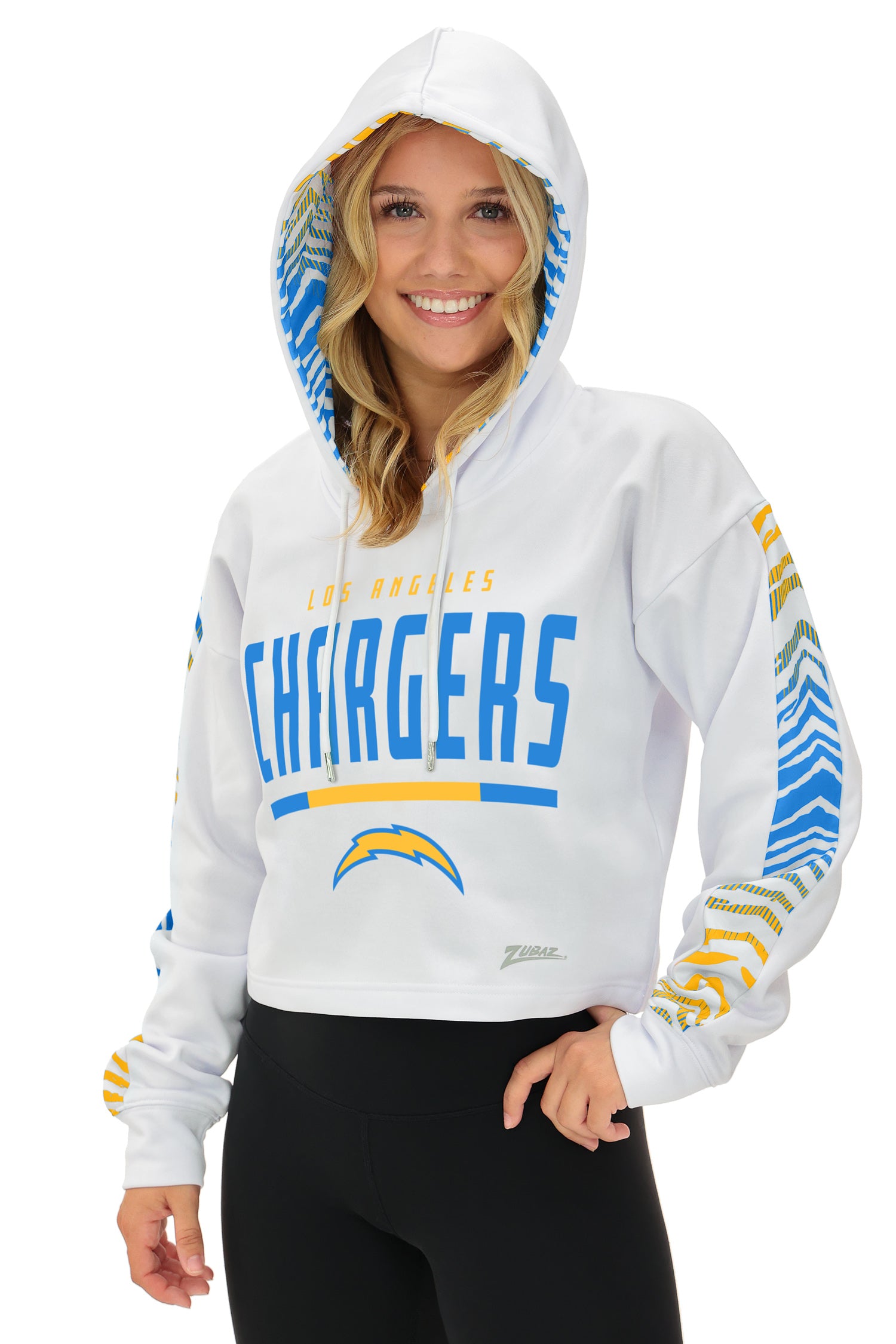 Zubaz NFL   Women's Linebacker Zebra Ombre Crop Top Hoodie, LOS ANGELES CHARGERS