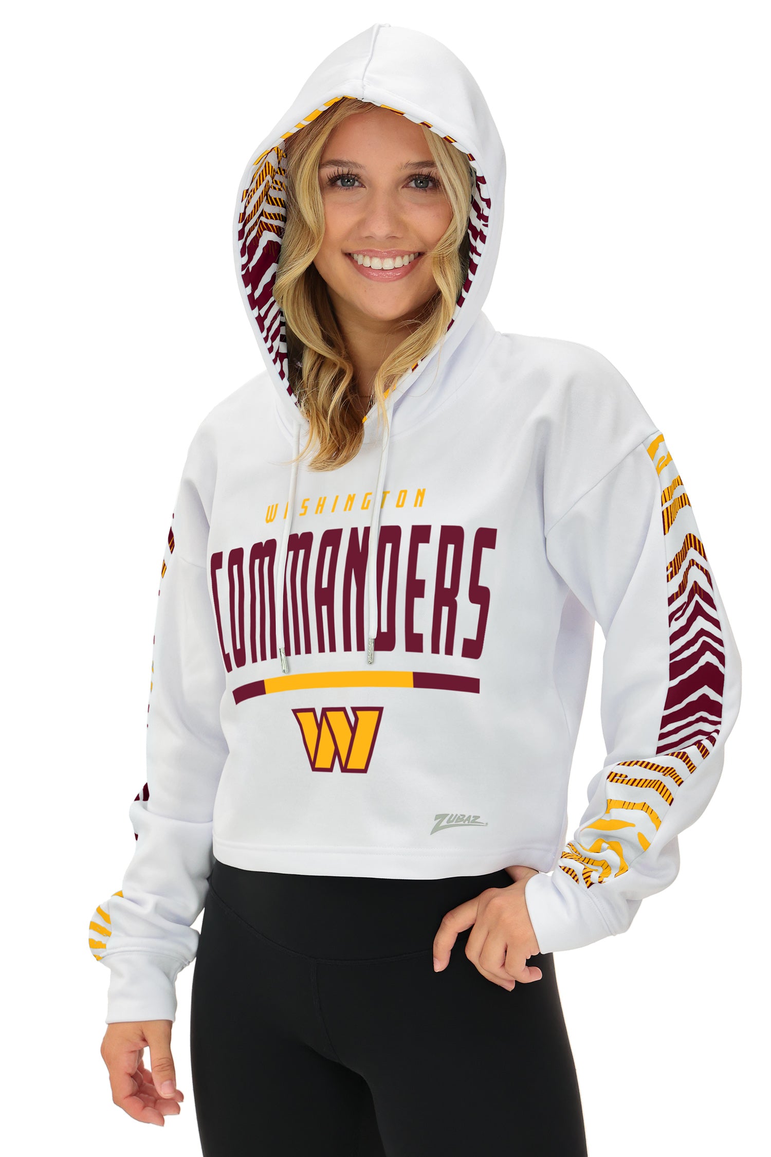 Zubaz NFL   Women's Linebacker Zebra Ombre Crop Top Hoodie, WASHINGTON COMMANDERS