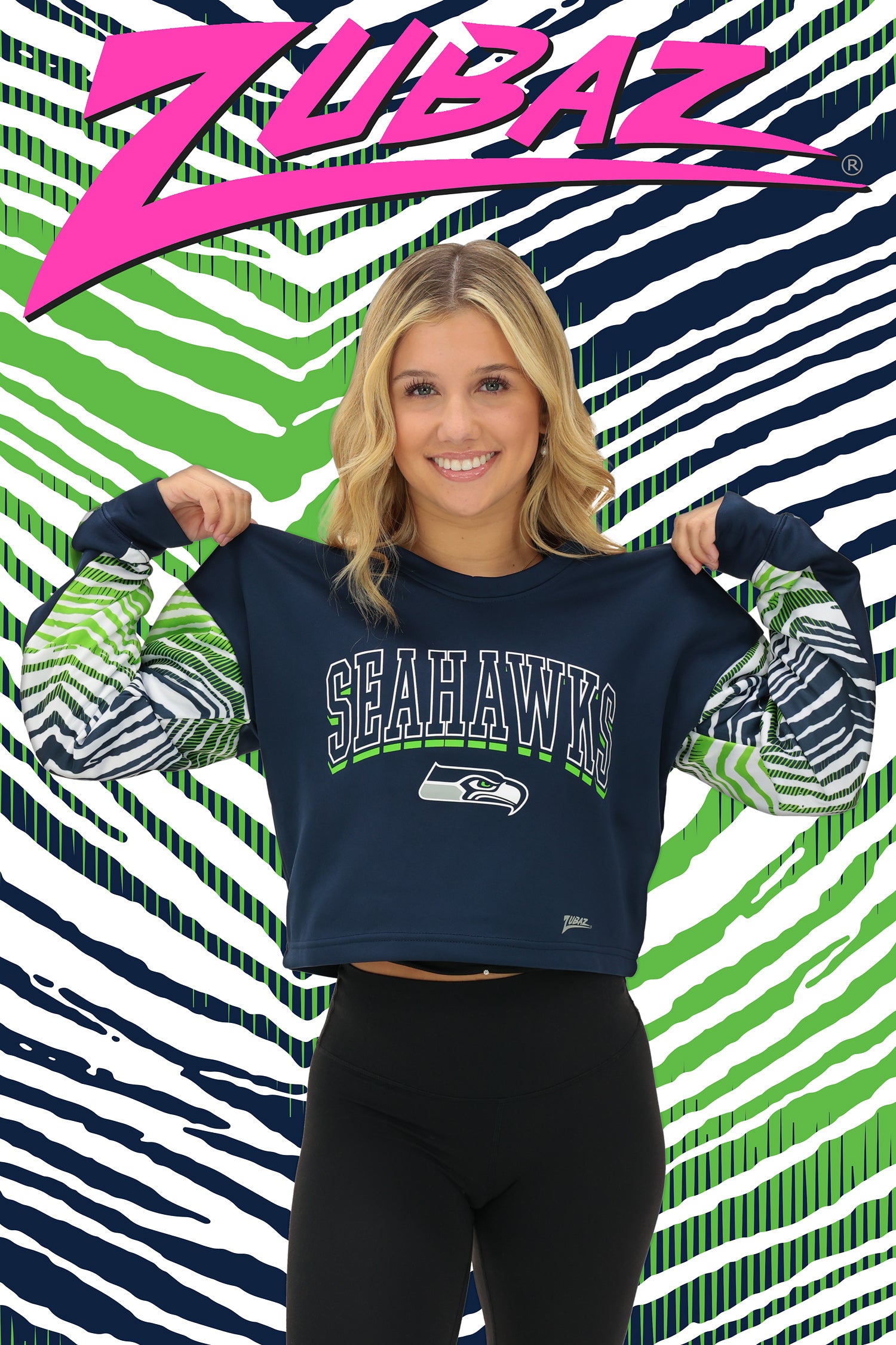 Zubaz NFL   Women's Classic Arch Crop Top with Zebra Ombre Sleeves, SEATTLE SEAHAWKS