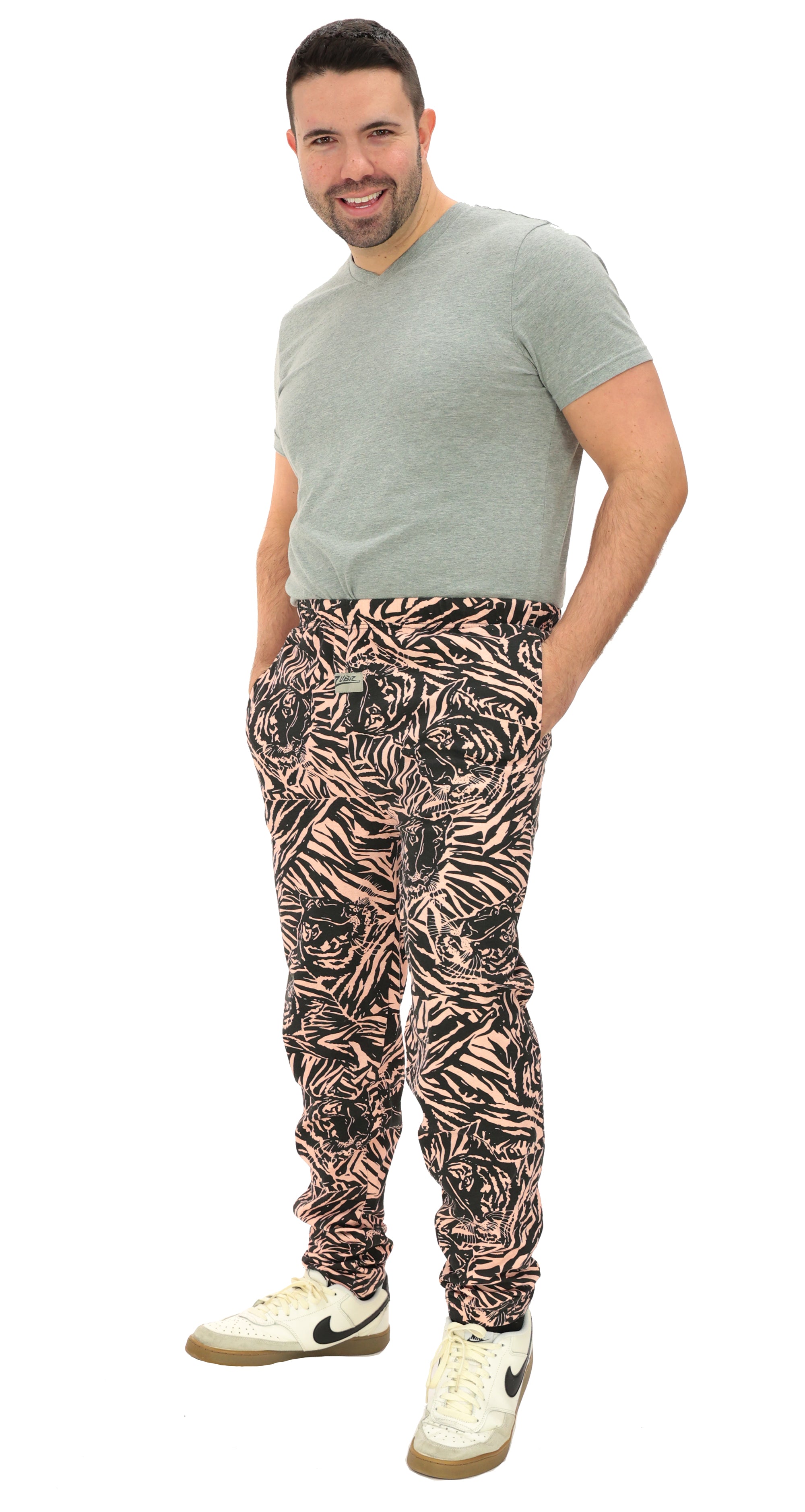 Zubaz Adult Unisex Z88 Tiger Pants, Light Pink/Black