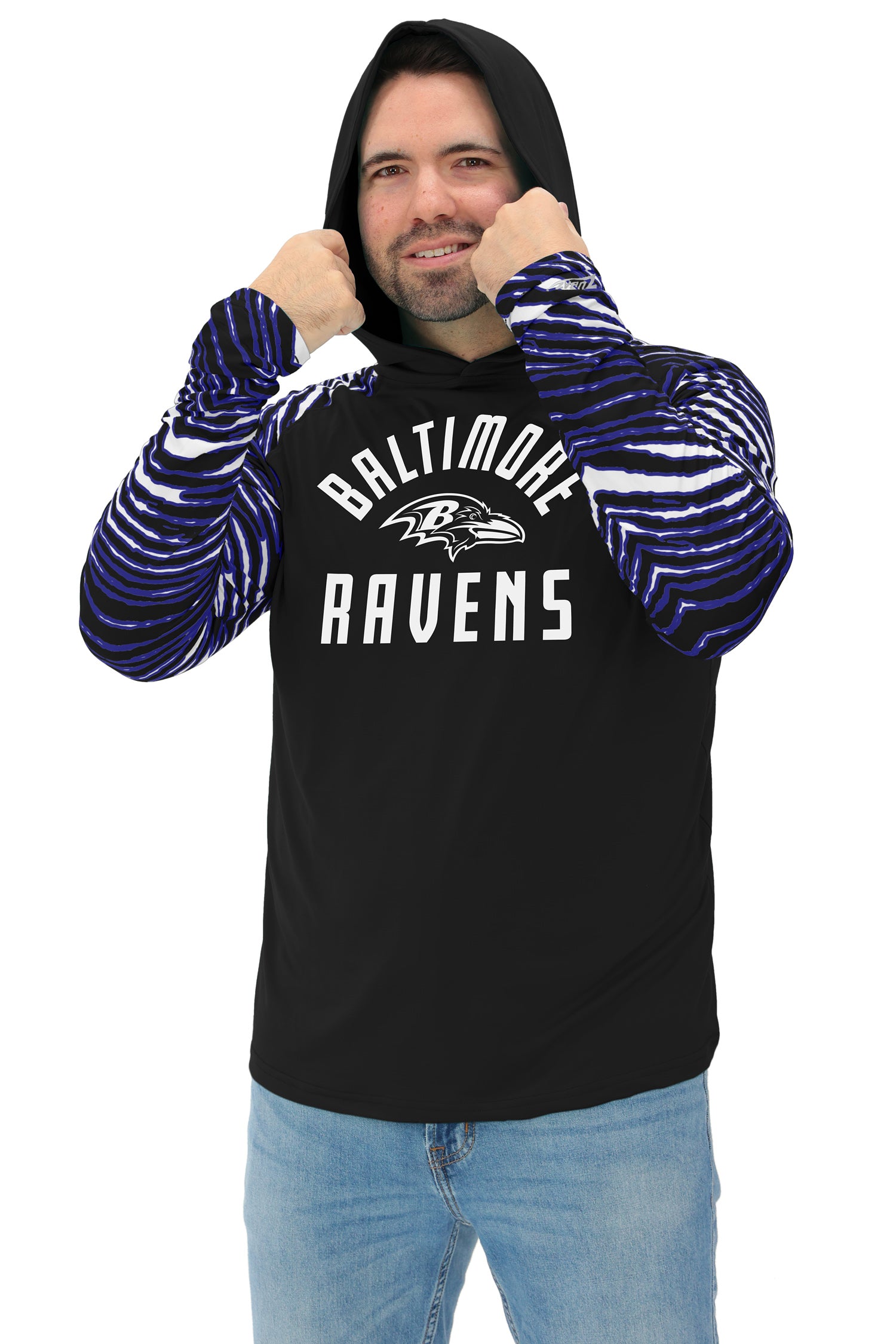 Zubaz NFL  Men's Formation 3 Color Zebra Sleeves Lightweight Hoodie, BALTIMORE RAVENS
