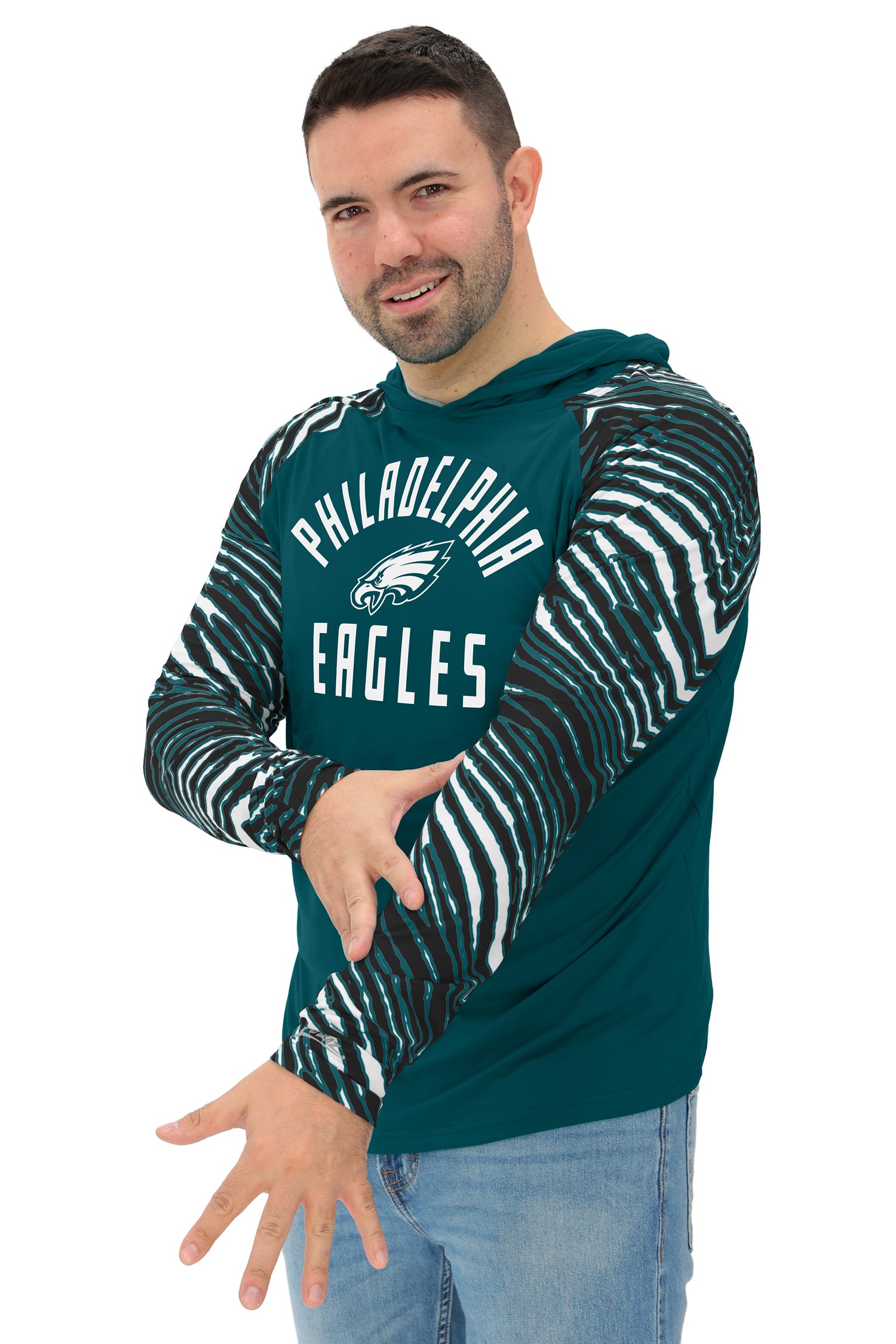 Zubaz NFL  Men's Formation 3 Color Zebra Sleeves Lightweight Hoodie, PHILADELPHIA EAGLES
