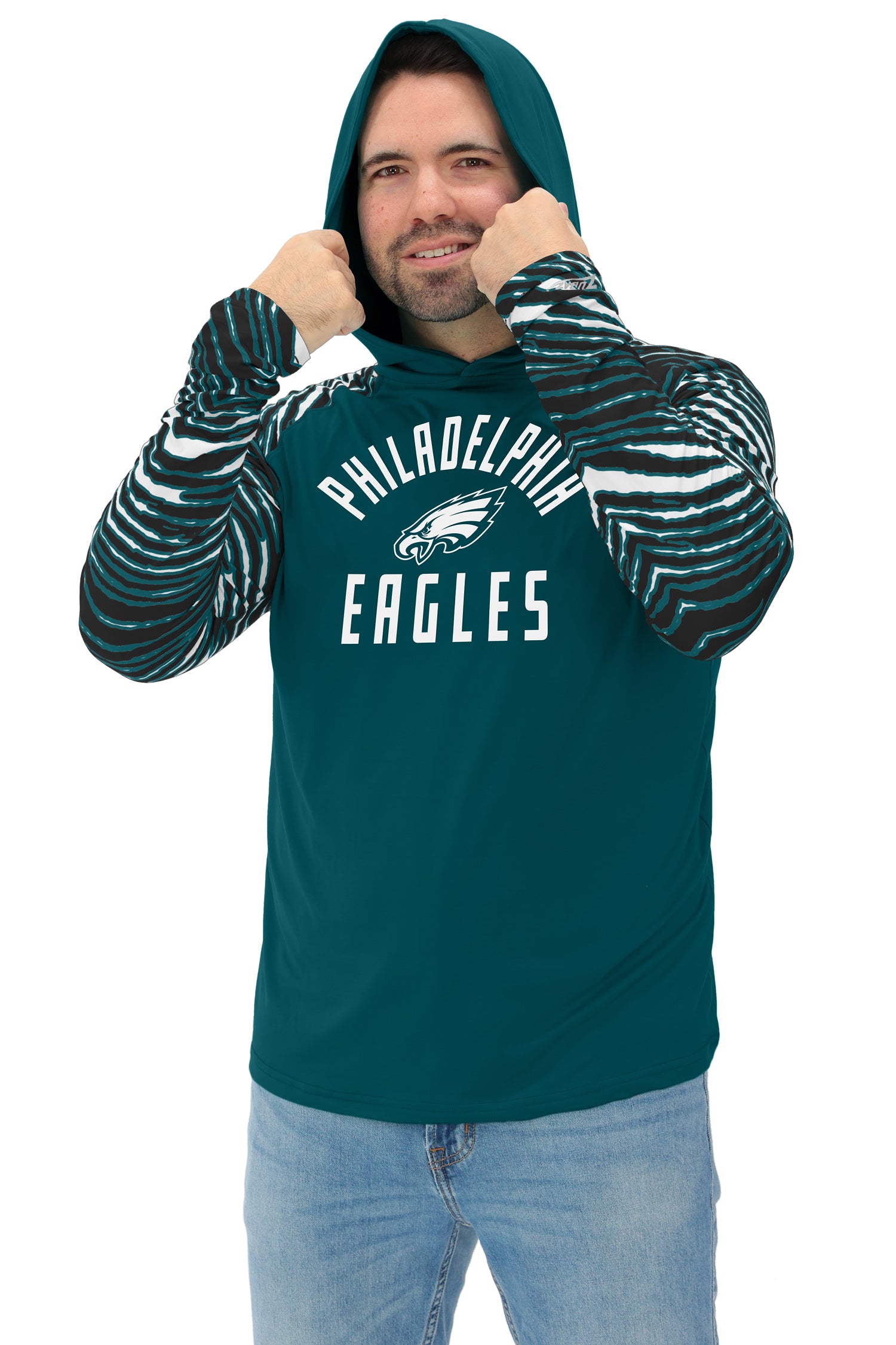 Zubaz NFL  Men's Formation 3 Color Zebra Sleeves Lightweight Hoodie, PHILADELPHIA EAGLES