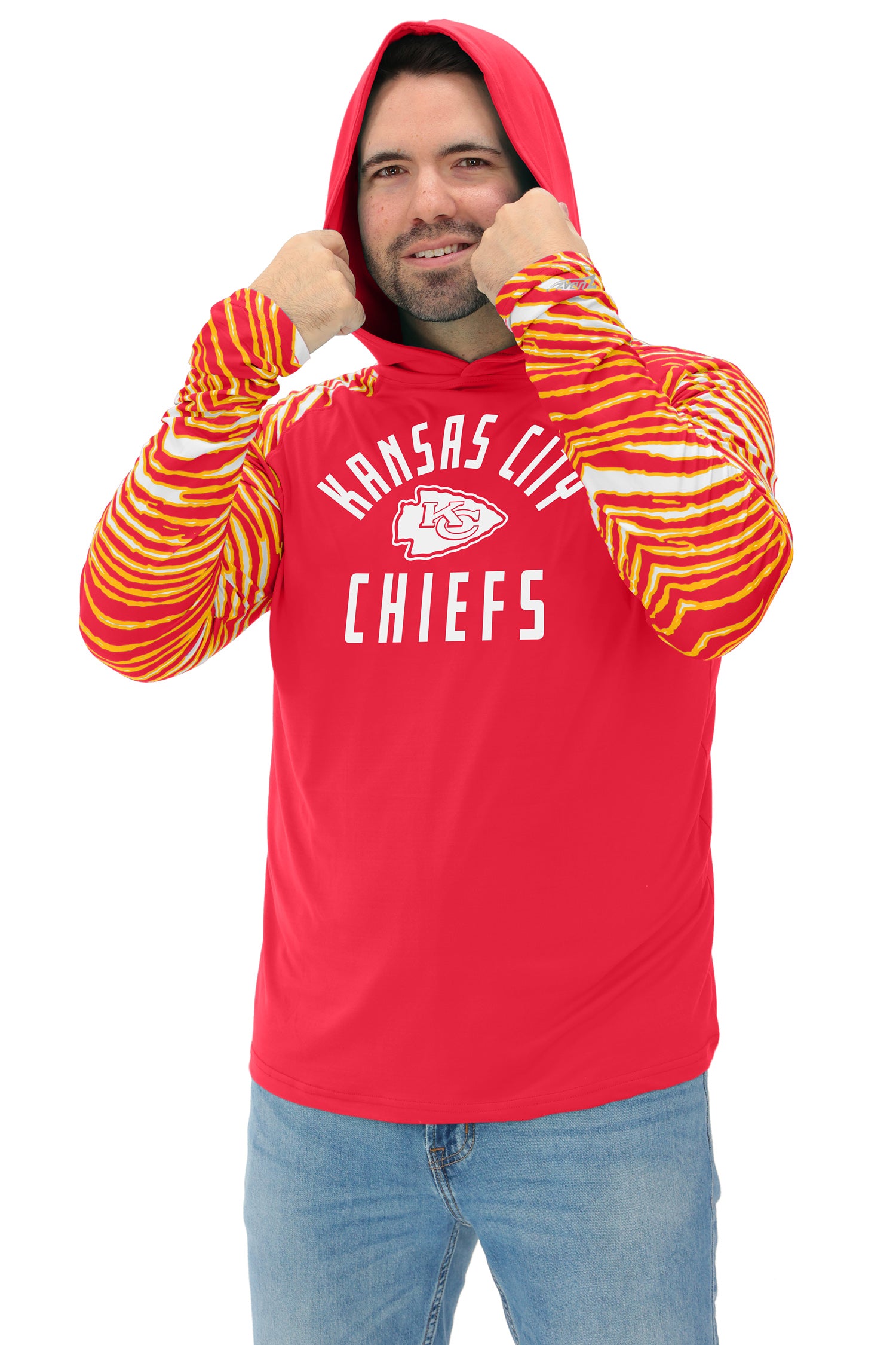 Zubaz NFL  Men's Formation 3 Color Zebra Sleeves Lightweight Hoodie, KANSAS CITY CHIEFS