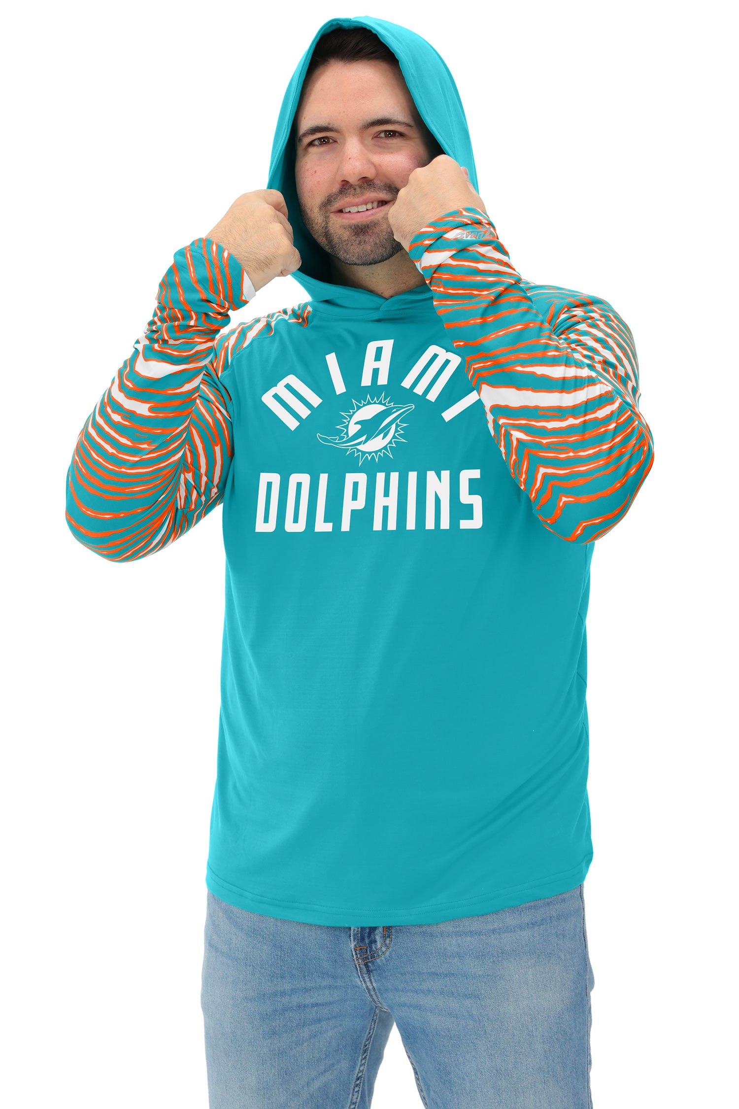 Zubaz NFL  Men's Formation 3 Color Zebra Sleeves Lightweight Hoodie, MIAMI DOLPHINS