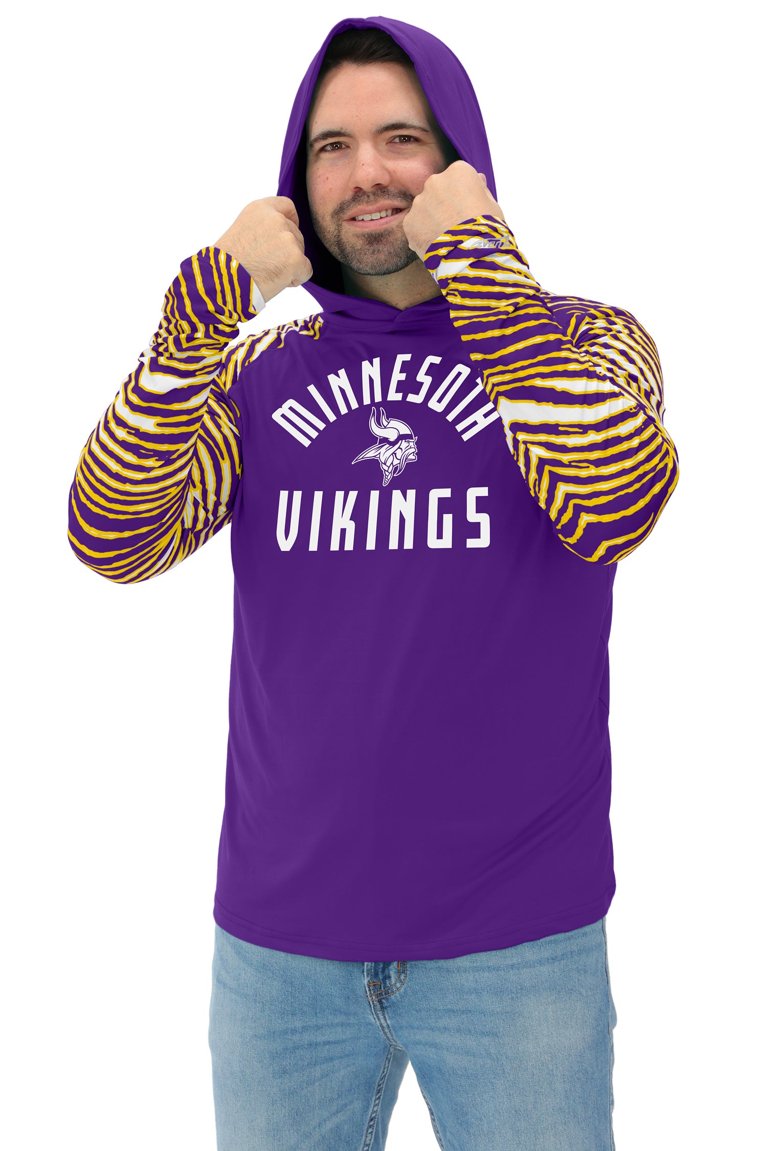 Zubaz NFL  Men's Formation 3 Color Zebra Sleeves Lightweight Hoodie, MINNESOTA VIKINGS