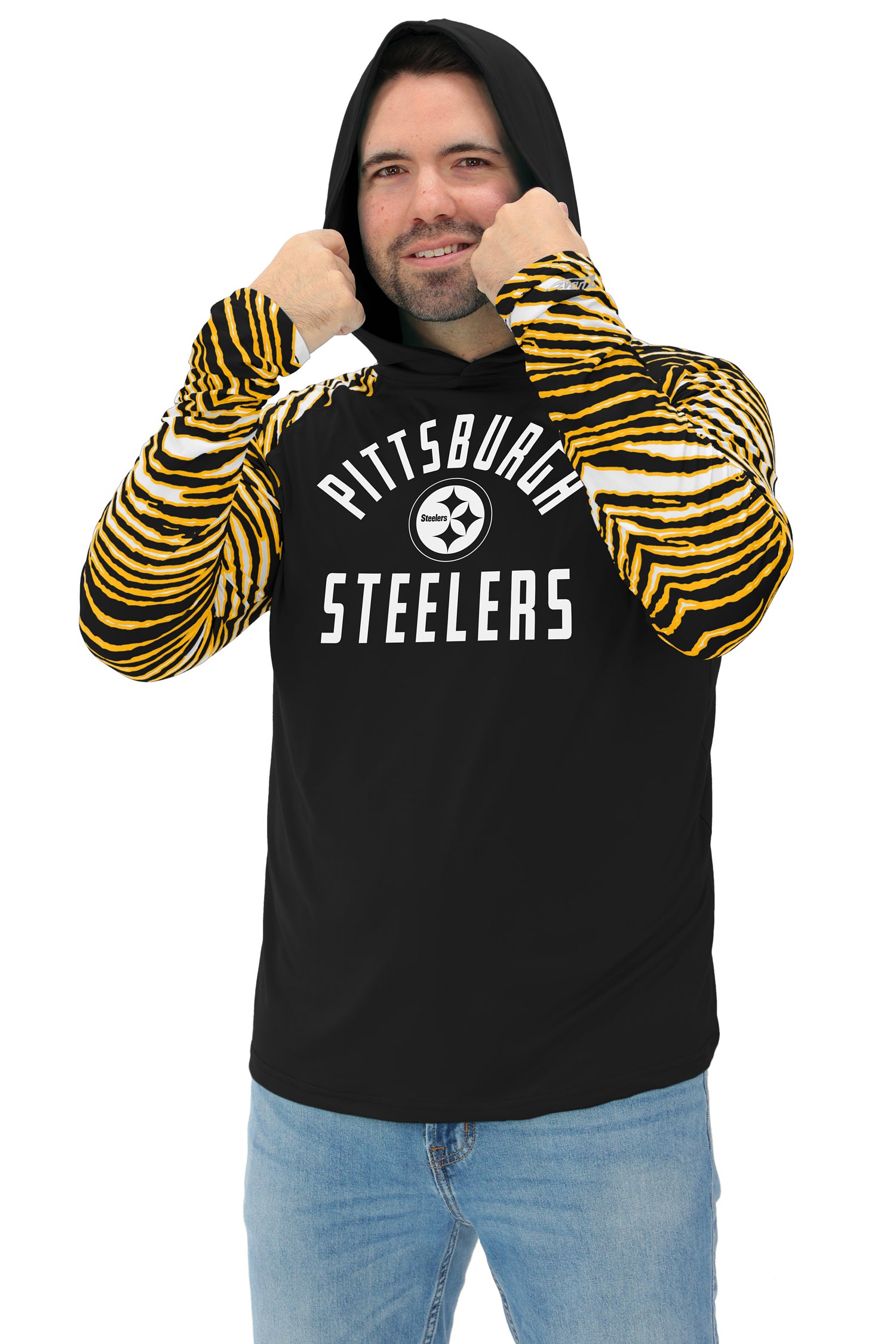 Zubaz NFL  Men's Formation 3 Color Zebra Sleeves Lightweight Hoodie, PITTSBURGH STEELERS