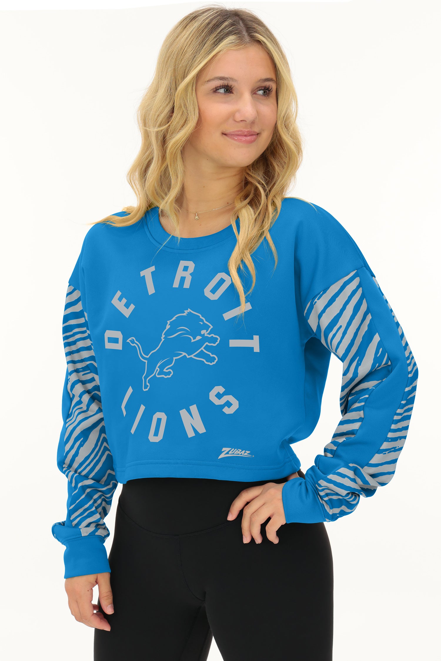 Zubaz NFL   Women's Overtime 2 Color Zebra Crop Top Crewneck, DETROIT LIONS