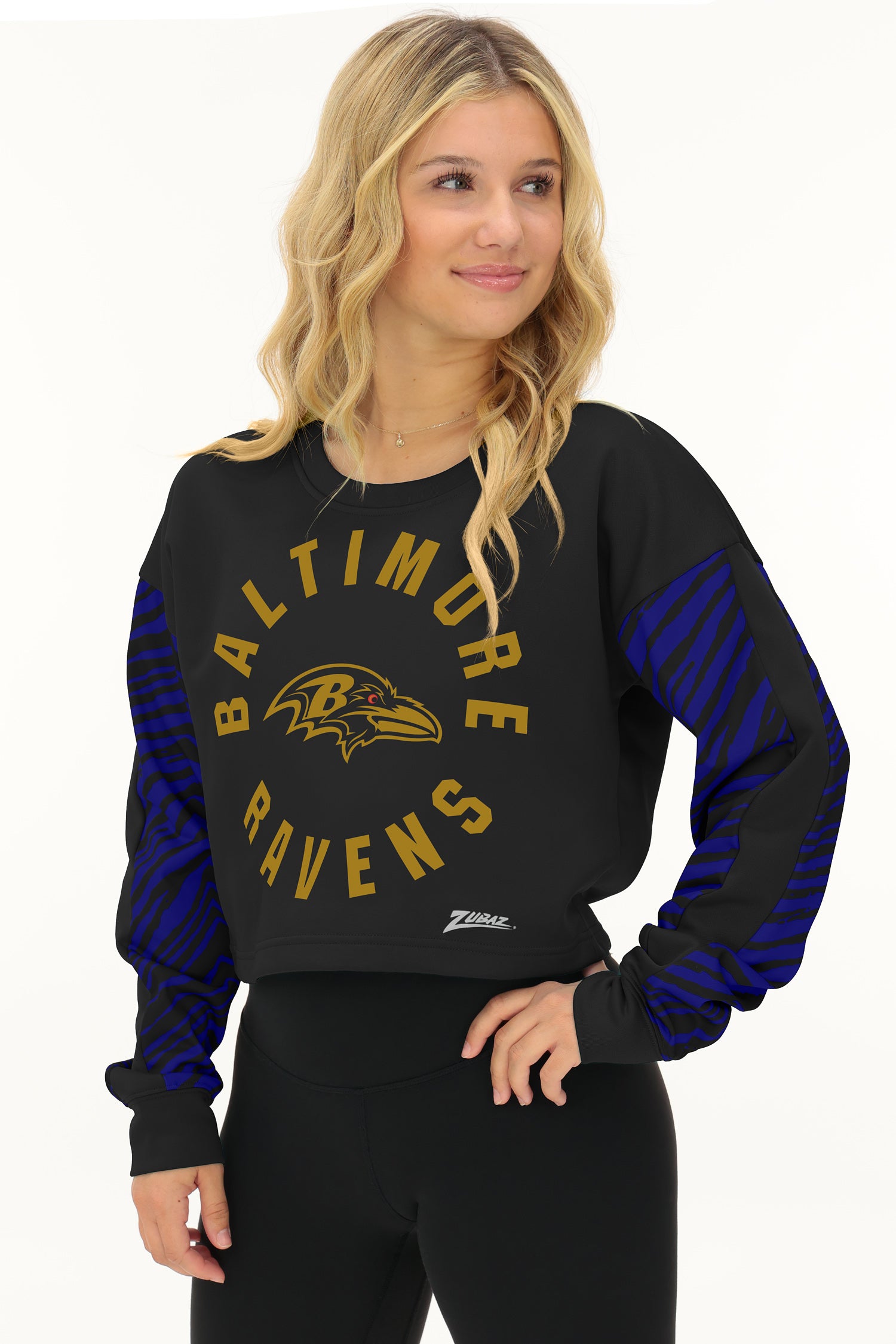 Zubaz NFL   Women's Overtime 2 Color Zebra Crop Top Crewneck, BALTIMORE RAVENS