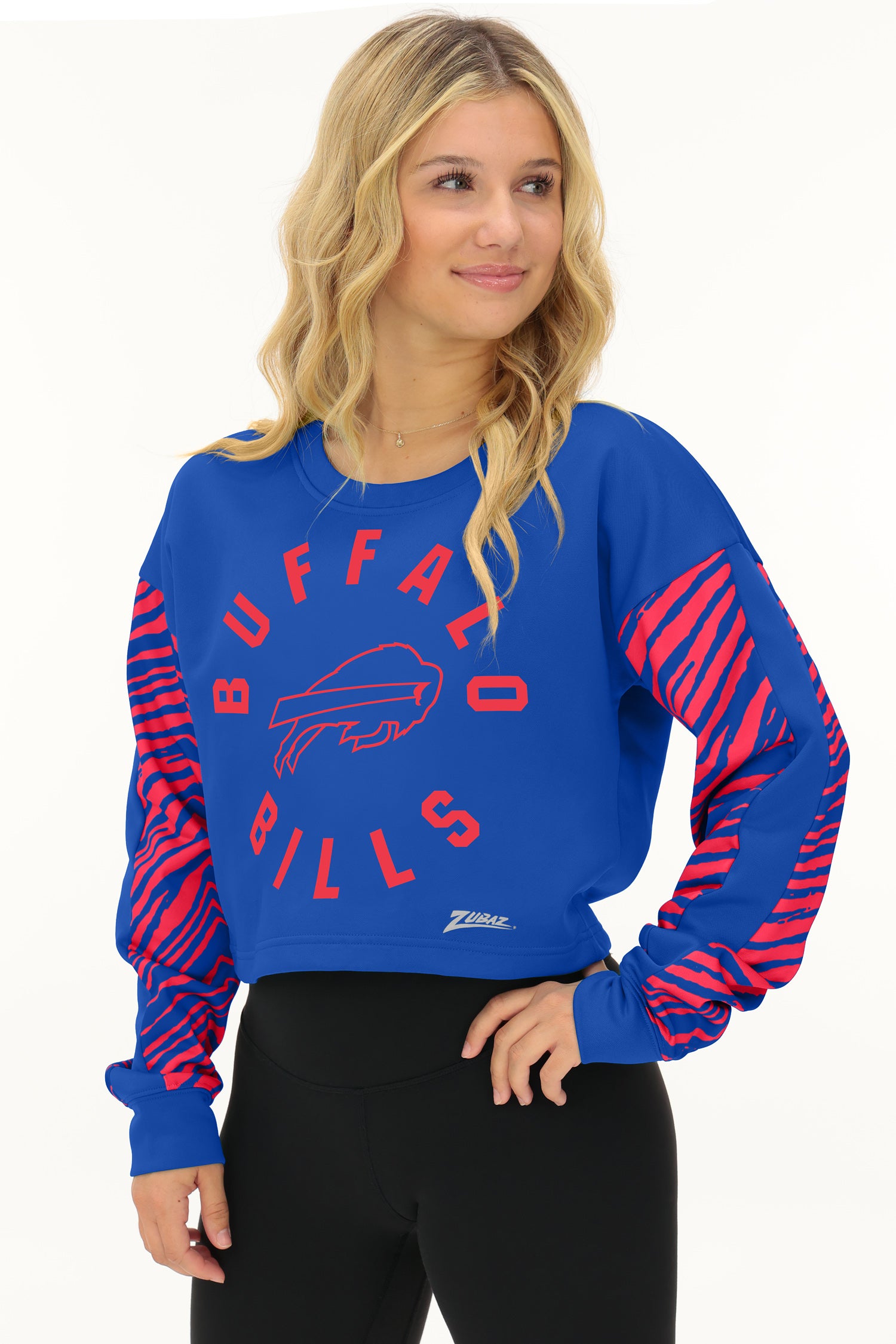 Zubaz NFL   Women's Overtime 2 Color Zebra Crop Top Crewneck, BUFFALO BILLS