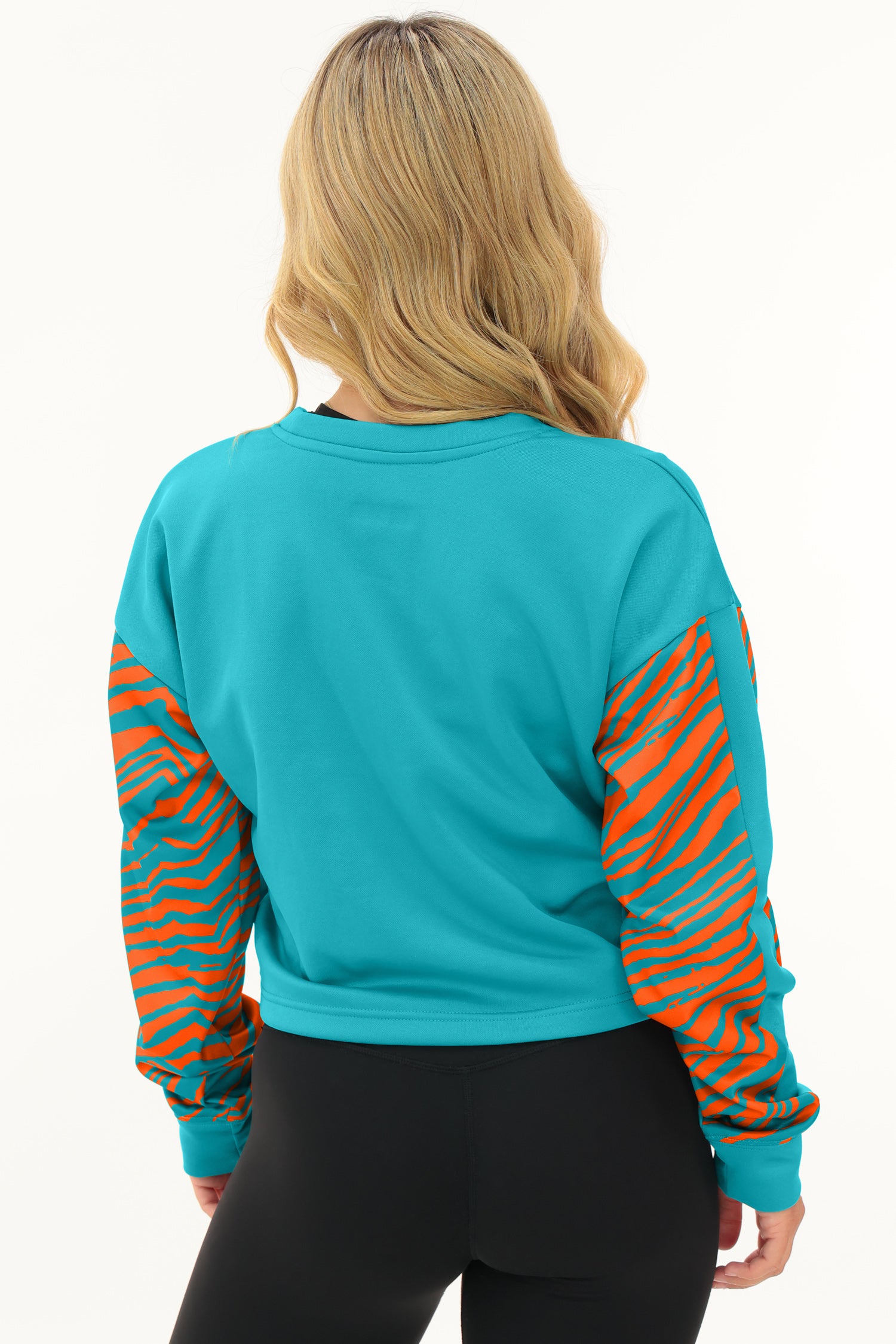 Zubaz NFL   Women's Overtime 2 Color Zebra Crop Top Crewneck, MIAMI DOLPHINS