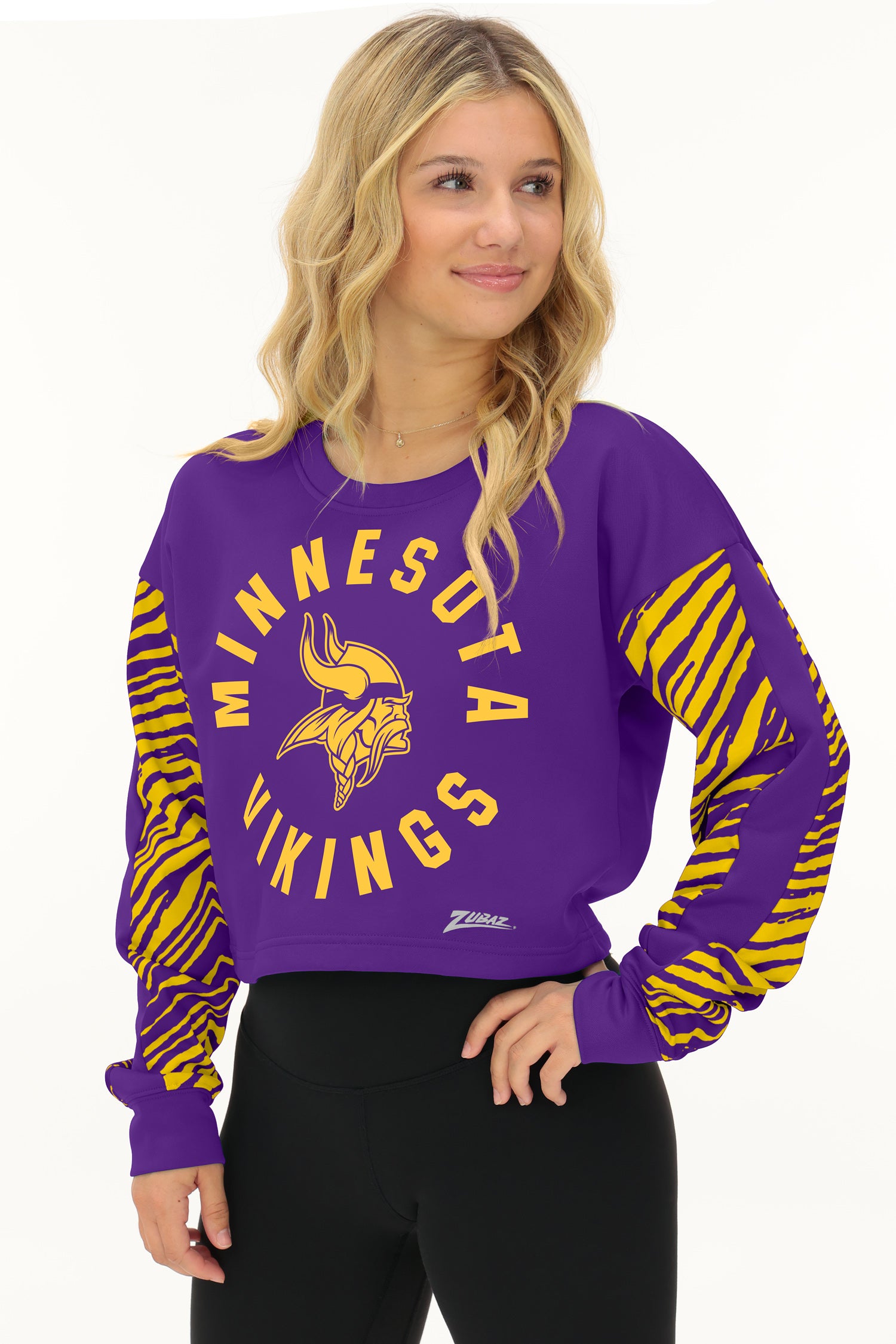 Zubaz NFL   Women's Overtime 2 Color Zebra Crop Top Crewneck, MINNESOTA VIKINGS