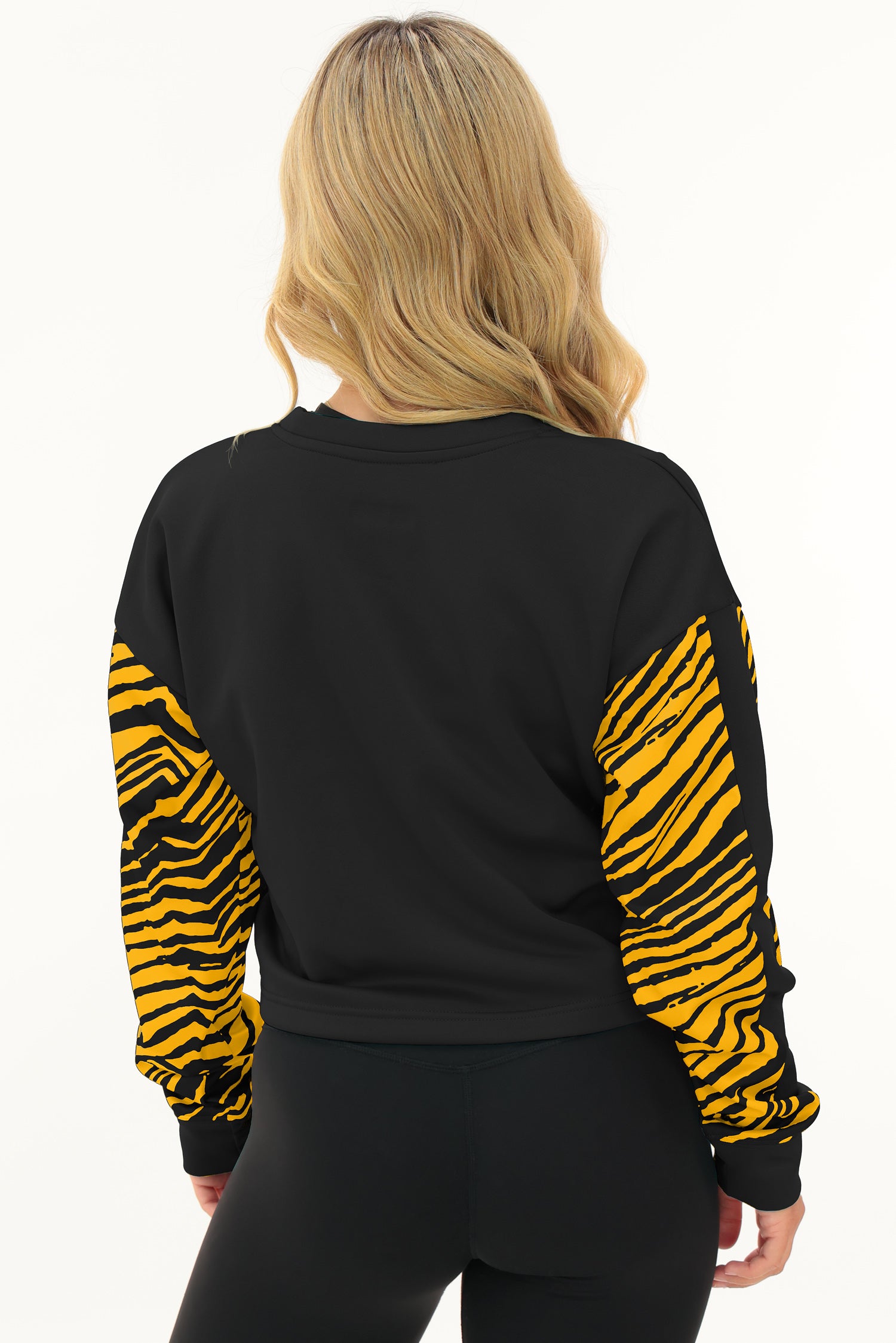 Zubaz NFL   Women's Overtime 2 Color Zebra Crop Top Crewneck, PITTSBURGH STEELERS