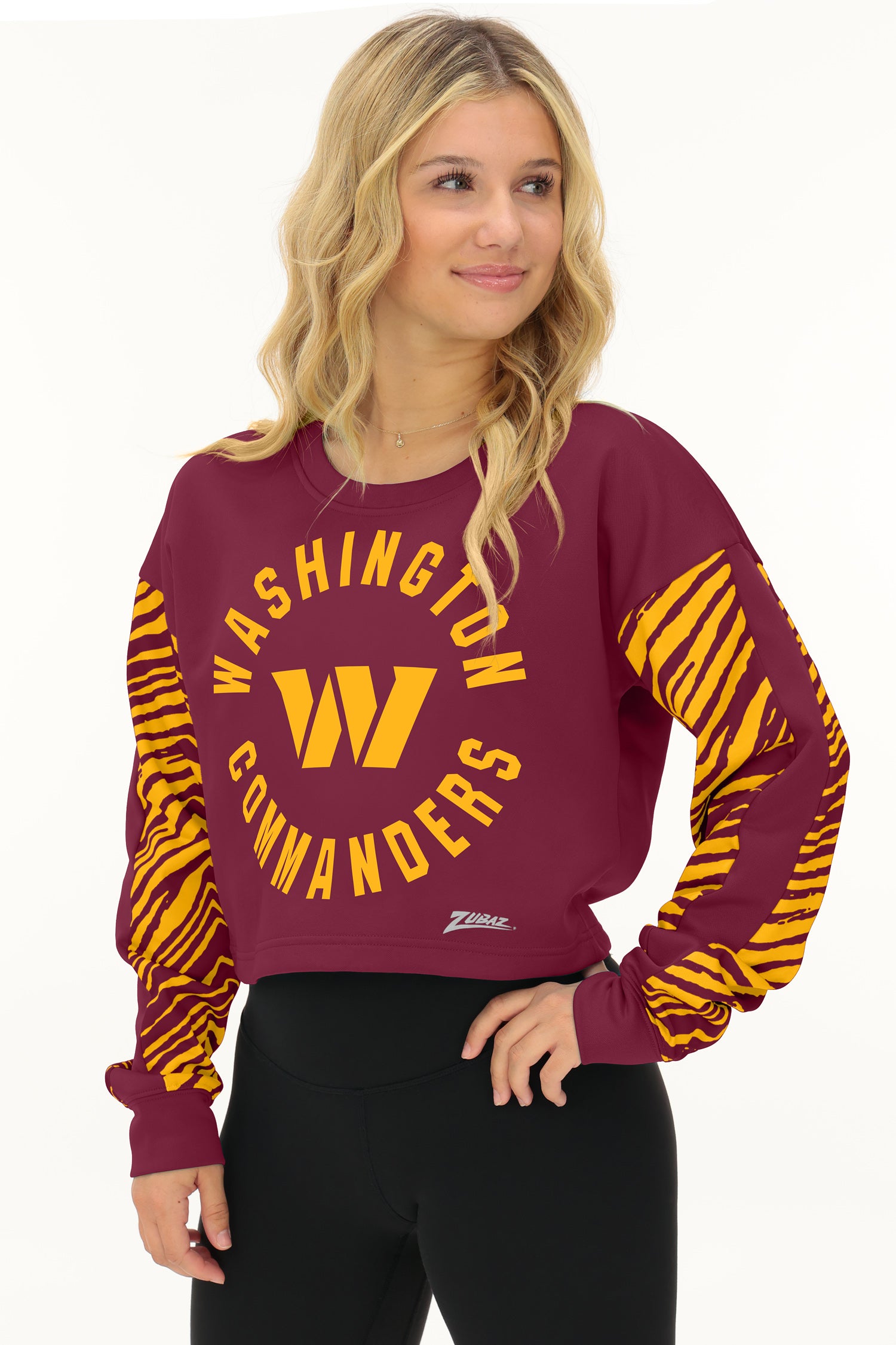 Zubaz NFL   Women's Overtime 2 Color Zebra Crop Top Crewneck, WASHINGTON COMMANDERS