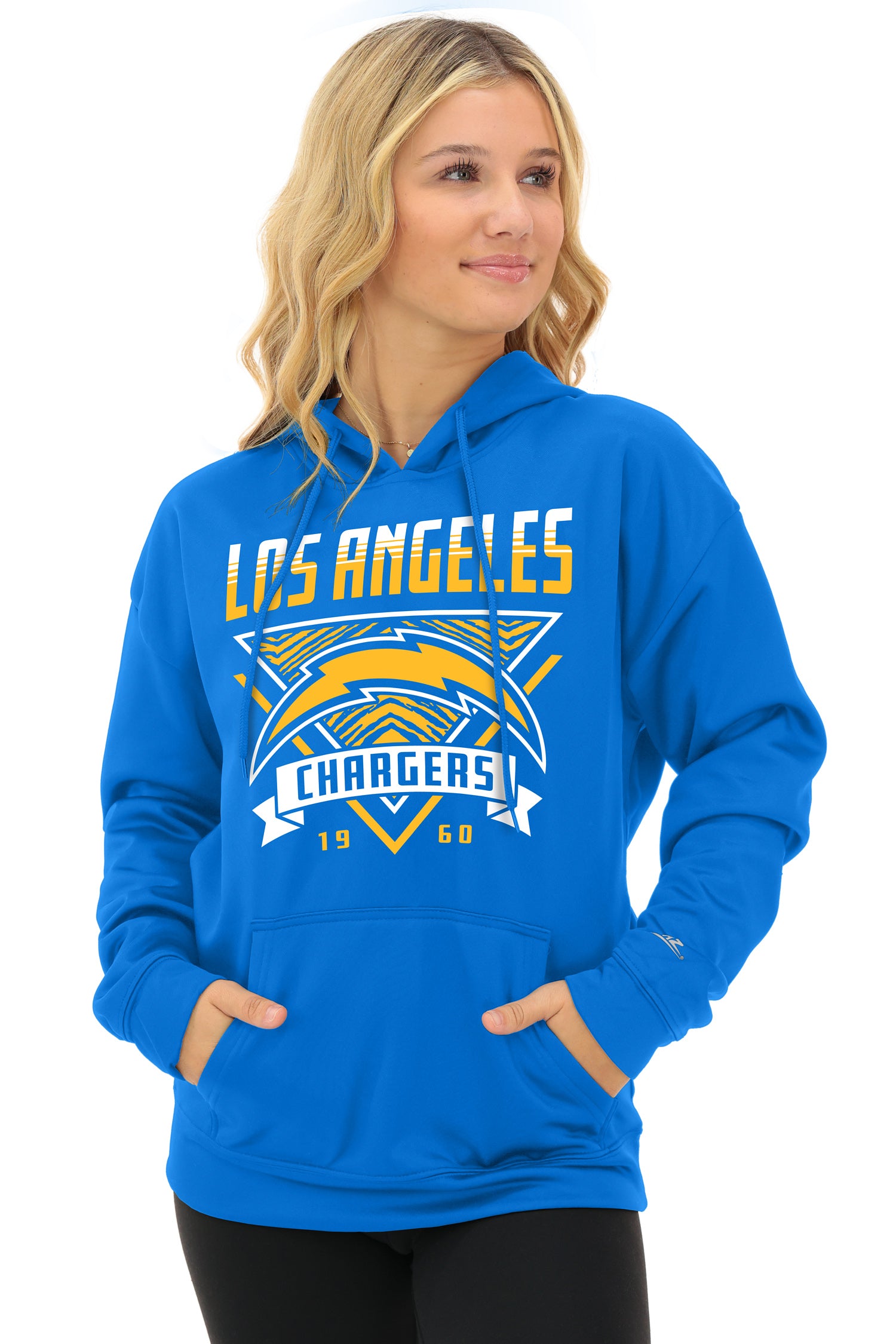 Zubaz NFL   Women's Free Play 2 Color Zebra Liner Hoodie, LOS ANGELES CHARGERS