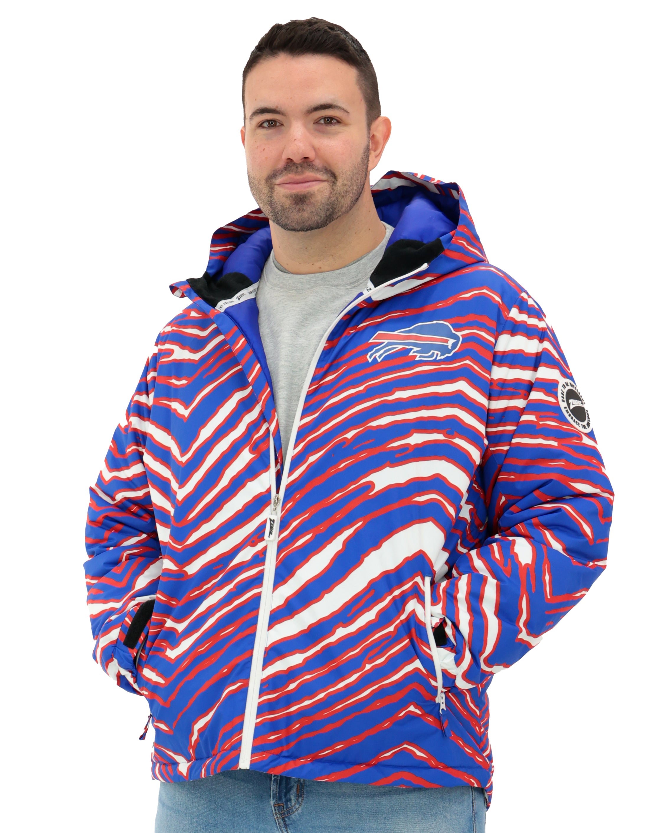 Zubaz NFL Adult Unisex Zebra Team Color Bleacher Blazer Snow Jacket, Buffalo Bills