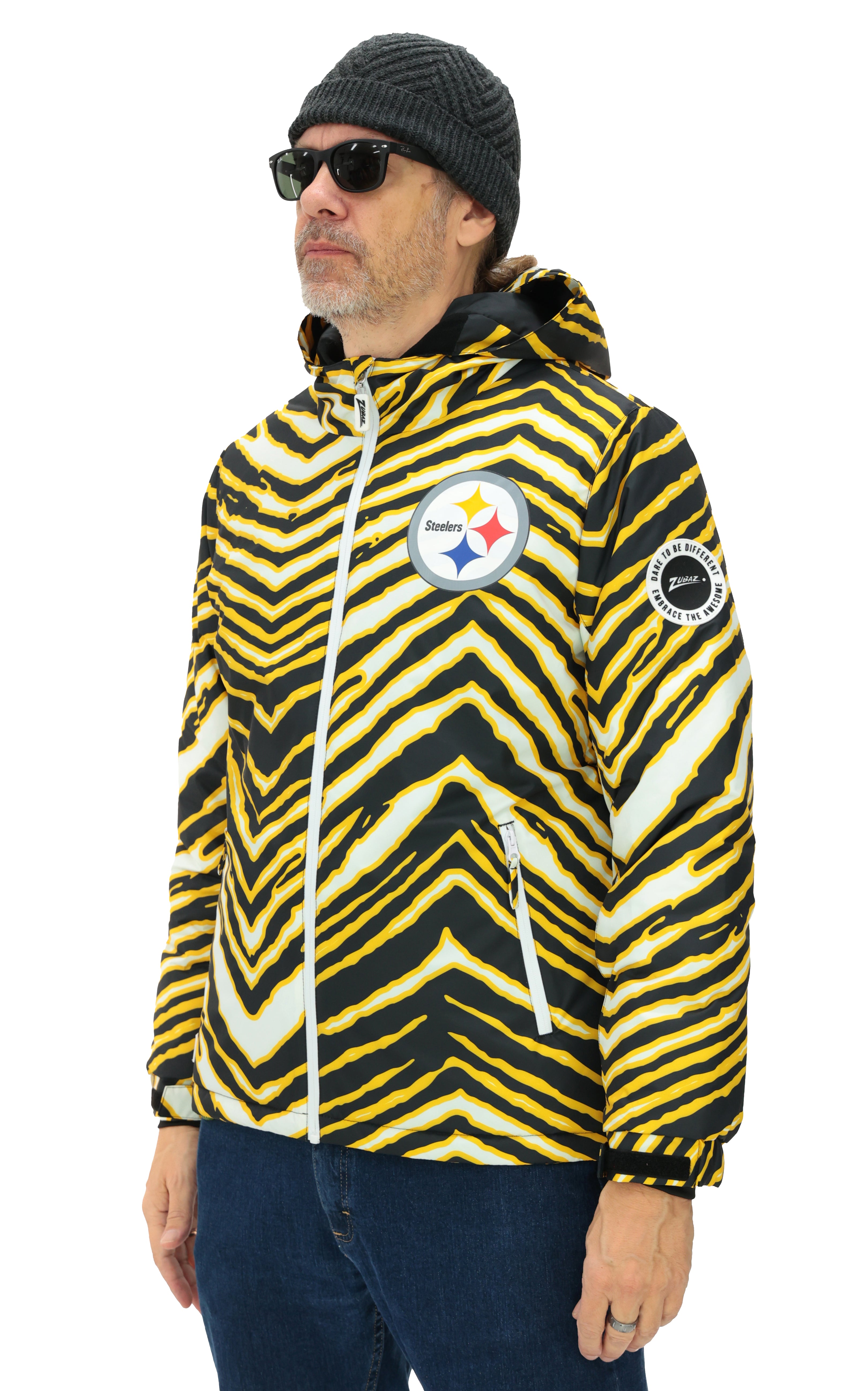 Zubaz NFL Adult Unisex Zebra Team Color Bleacher Blazer Snow Jacket, Pittsburgh Steelers