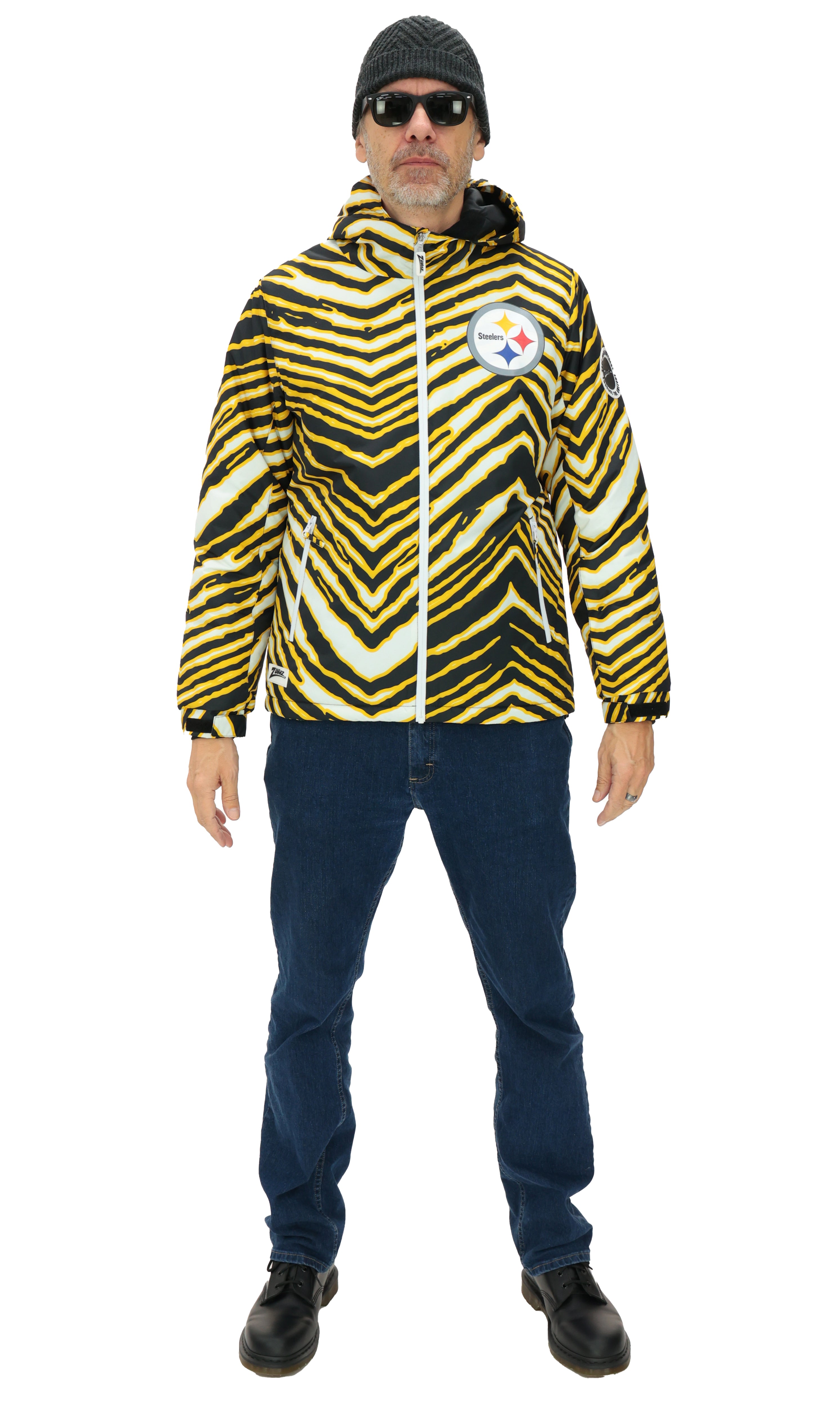 Zubaz NFL Adult Unisex Zebra Team Color Bleacher Blazer Snow Jacket, Pittsburgh Steelers