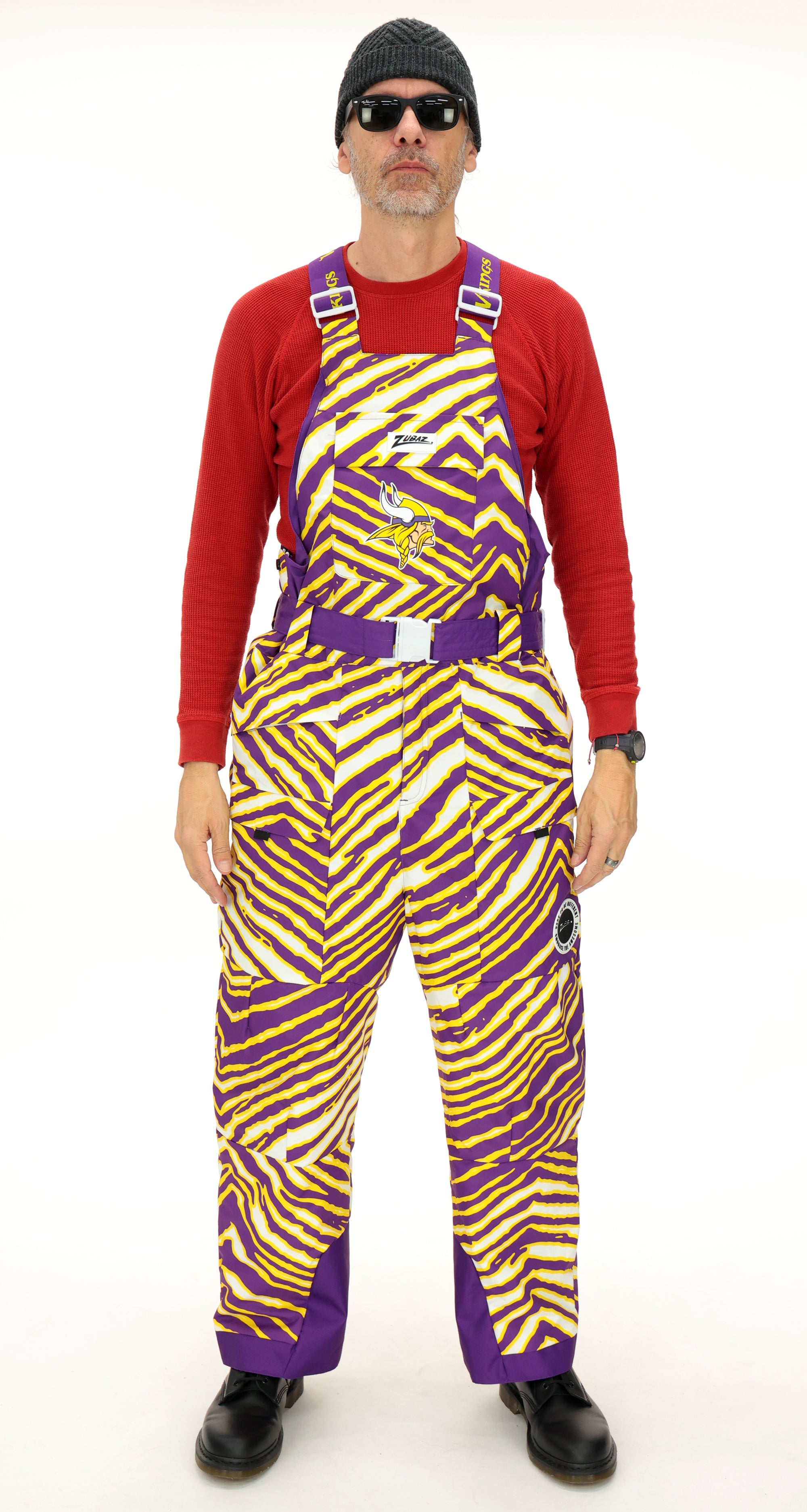 Zubaz NFL Adult Unisex Zebra Team Color Blizzard Snow Bib, Minnesota Vikings