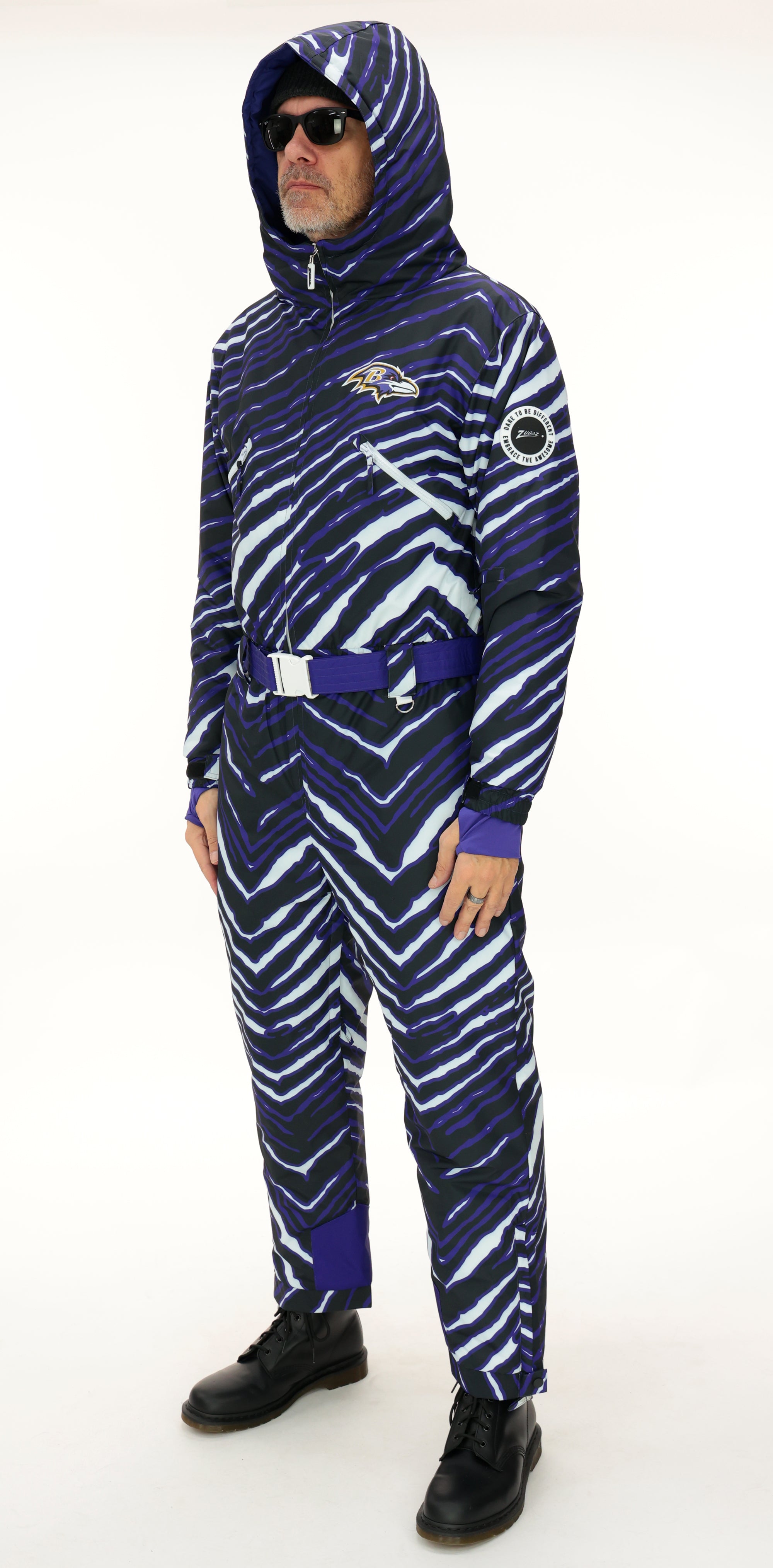 Zubaz NFL Adult Unisex Zebra Team Color Tundra Tux Snowsuit, Baltimore Ravens
