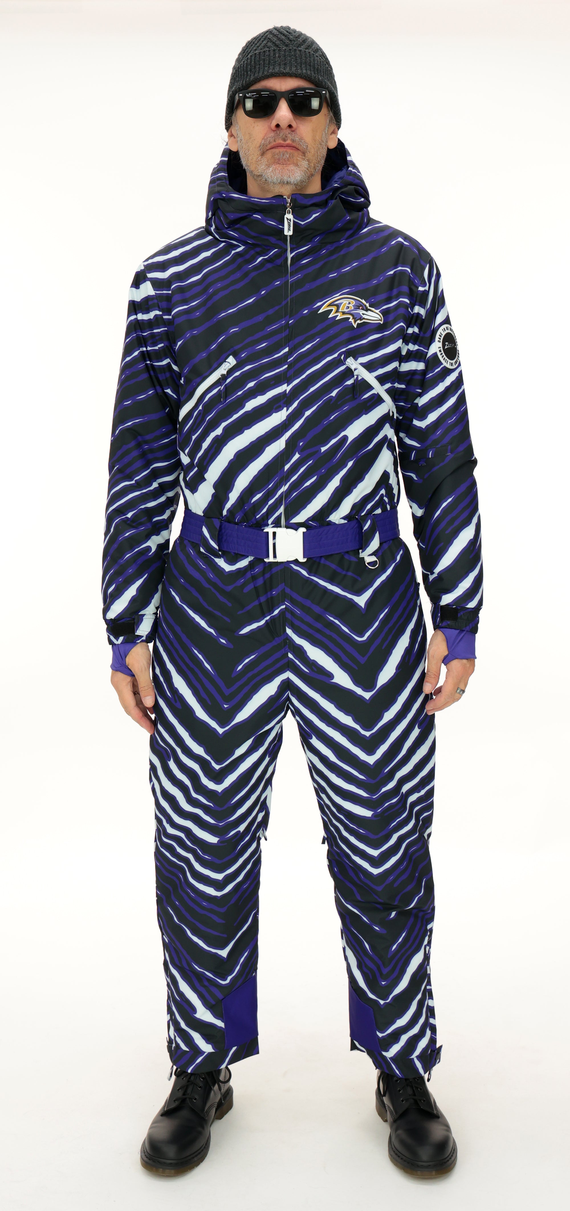 Zubaz NFL Adult Unisex Zebra Team Color Tundra Tux Snowsuit, Baltimore Ravens