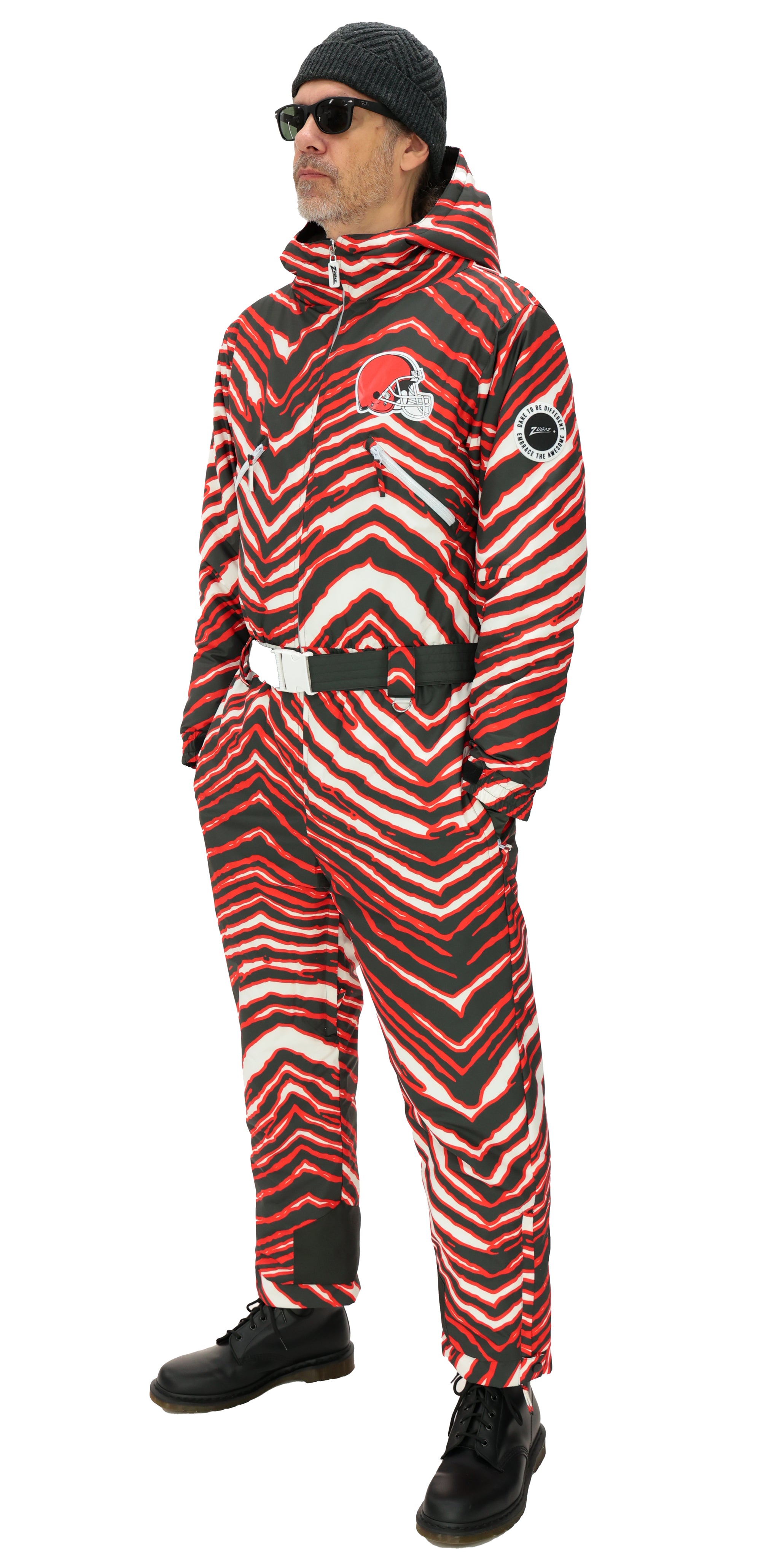 Zubaz NFL Adult Unisex Zebra Team Color Tundra Tux Snowsuit, Cleveland