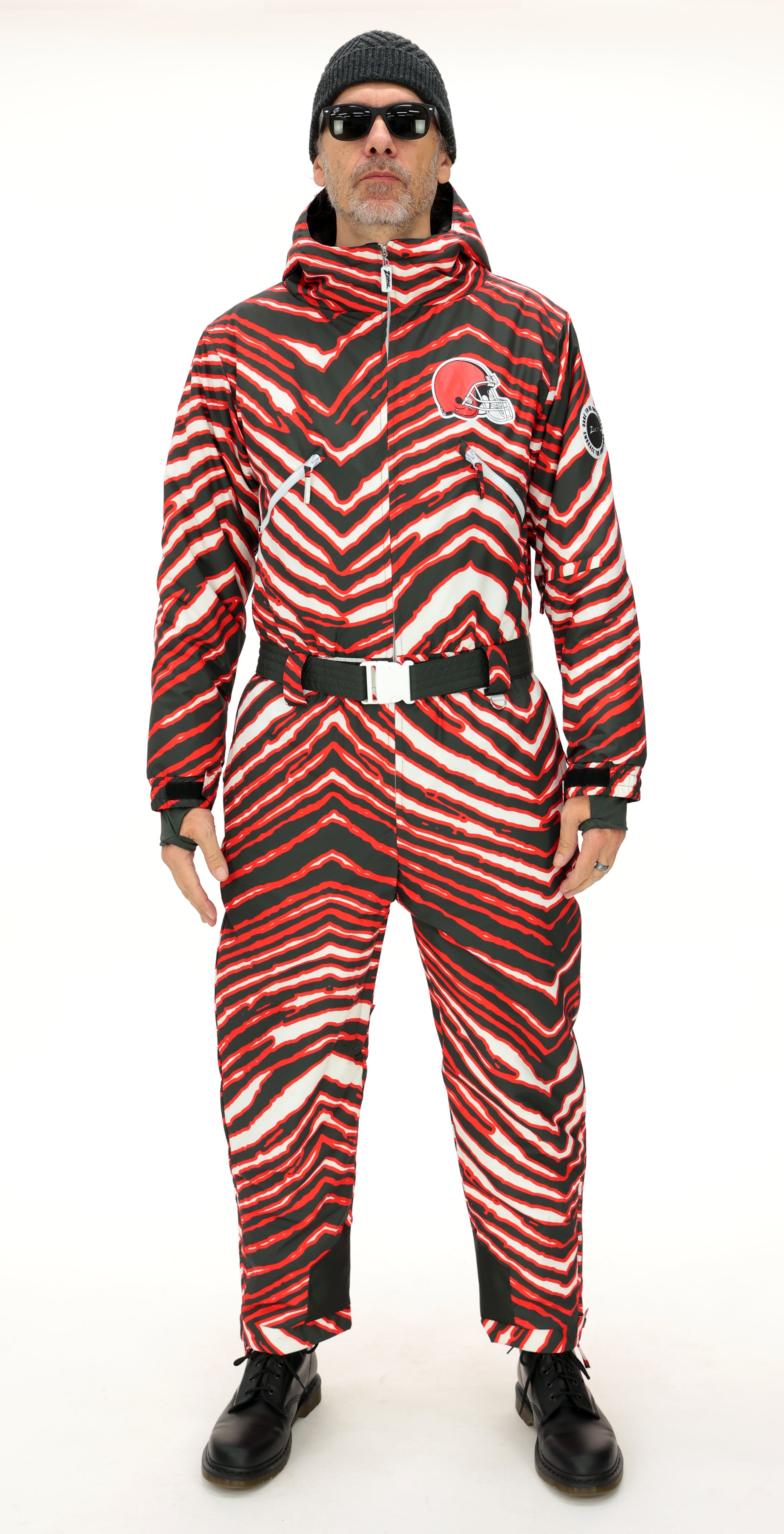 Zubaz NFL Adult Unisex Zebra Team Color Tundra Tux Snowsuit, Cleveland