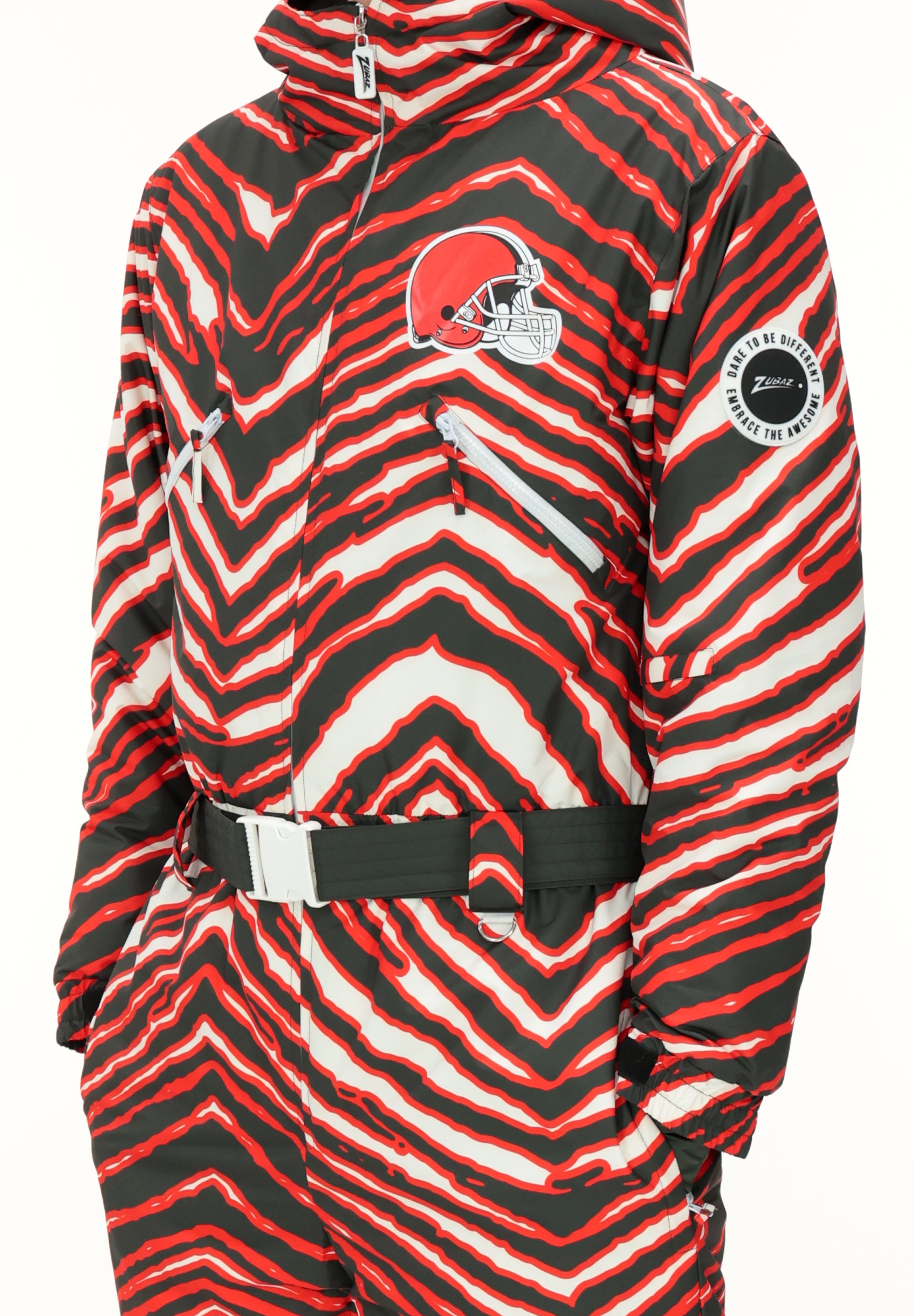 Zubaz NFL Adult Unisex Zebra Team Color Tundra Tux Snowsuit, Cleveland