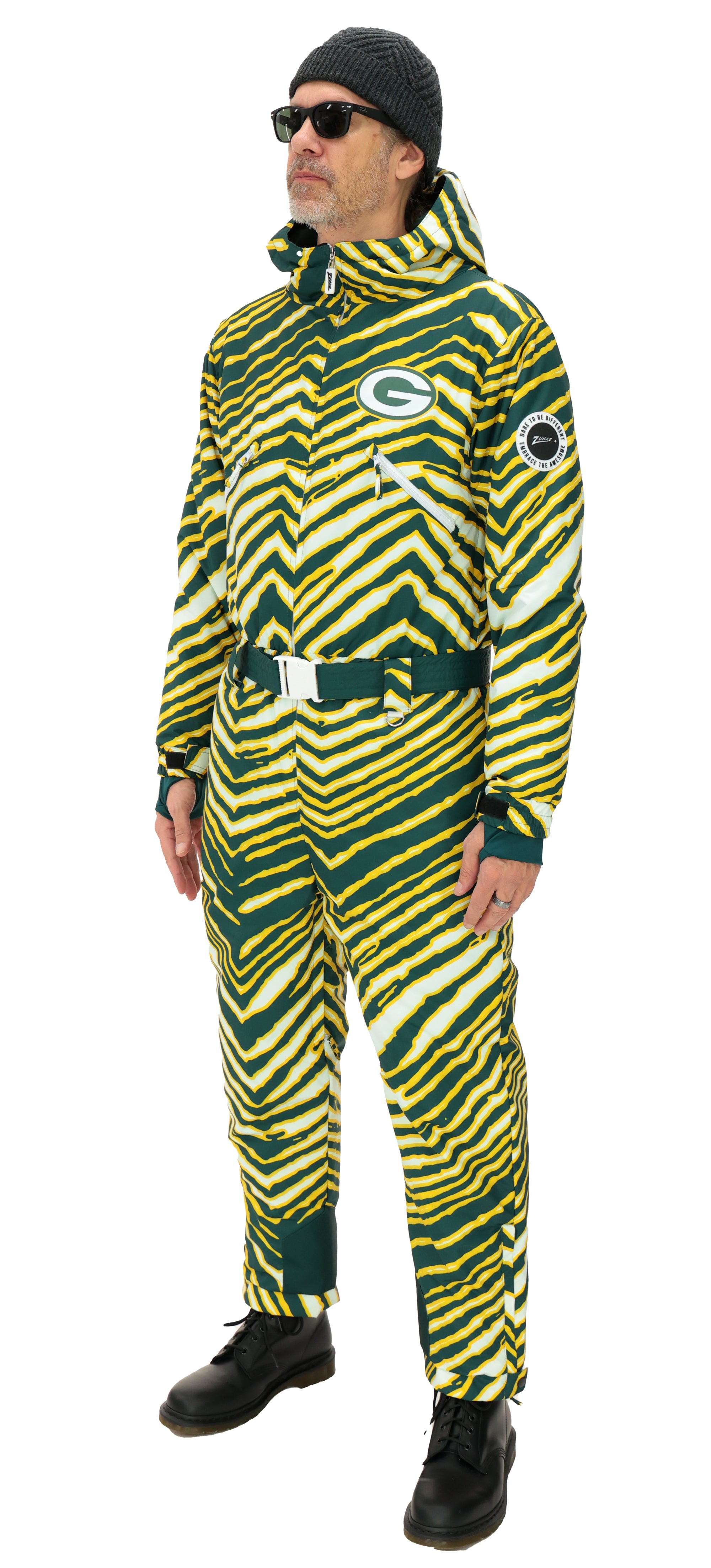 Zubaz NFL Adult Unisex Zebra Team Color Tundra Tux Snowsuit, Green Bay Packers