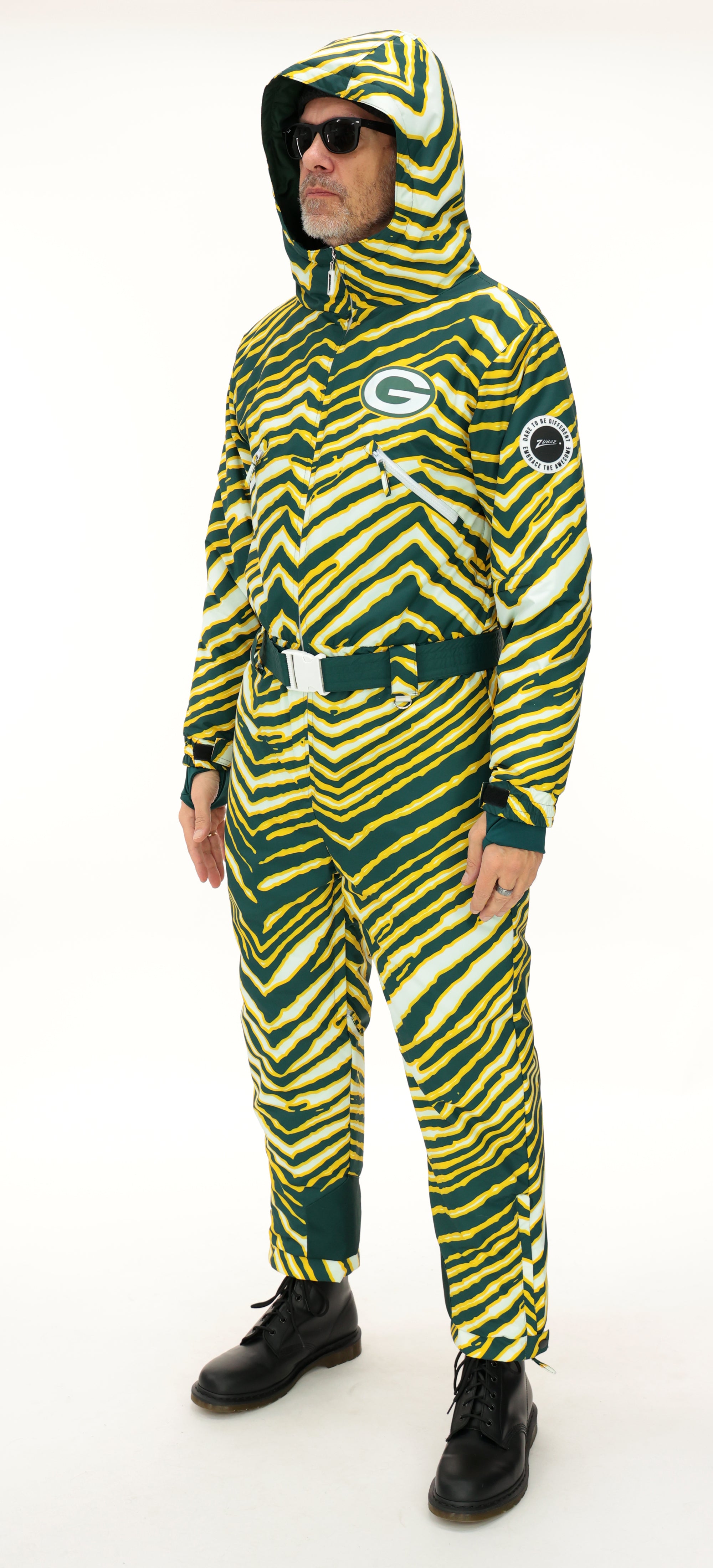 Zubaz NFL Adult Unisex Zebra Team Color Tundra Tux Snowsuit, Green Bay Packers