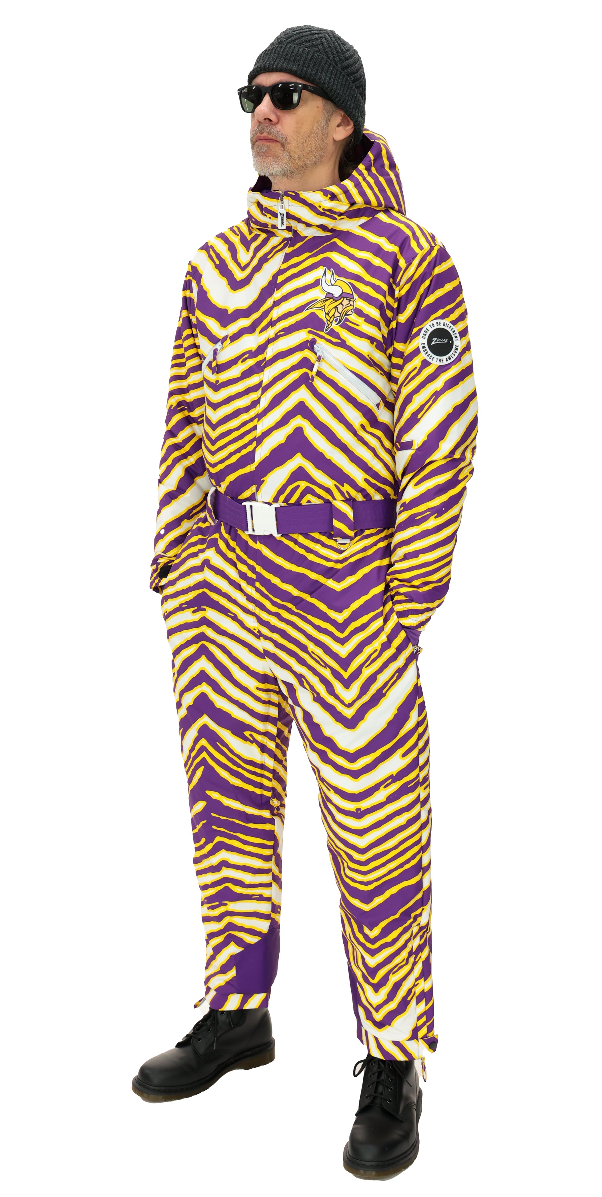 Zubaz NFL Adult Unisex Zebra Team Color Tundra Tux Snowsuit, Minnesota Vikings