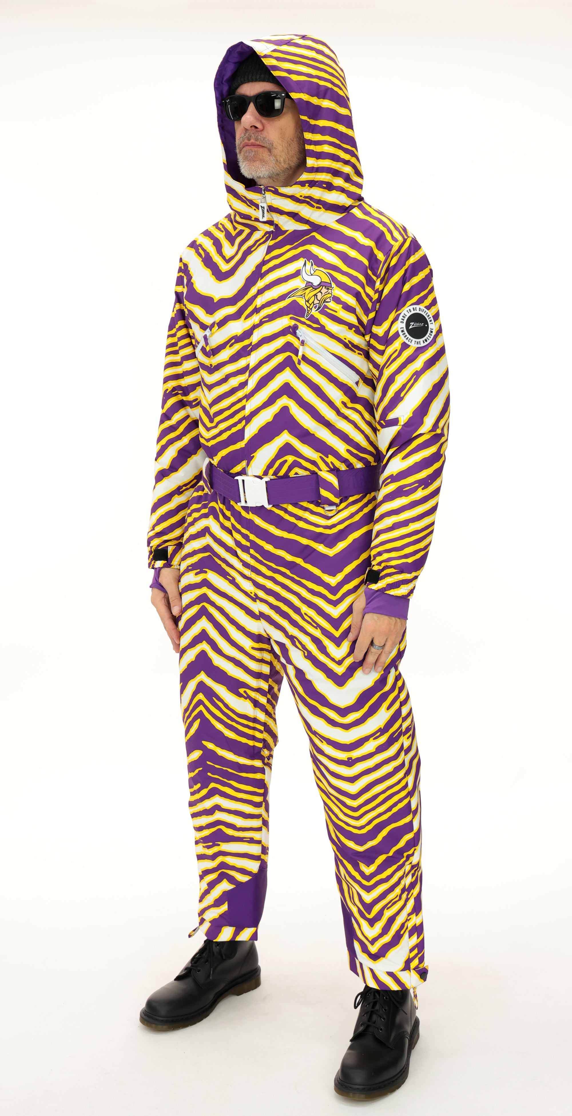 Zubaz NFL Adult Unisex Zebra Team Color Tundra Tux Snowsuit, Minnesota