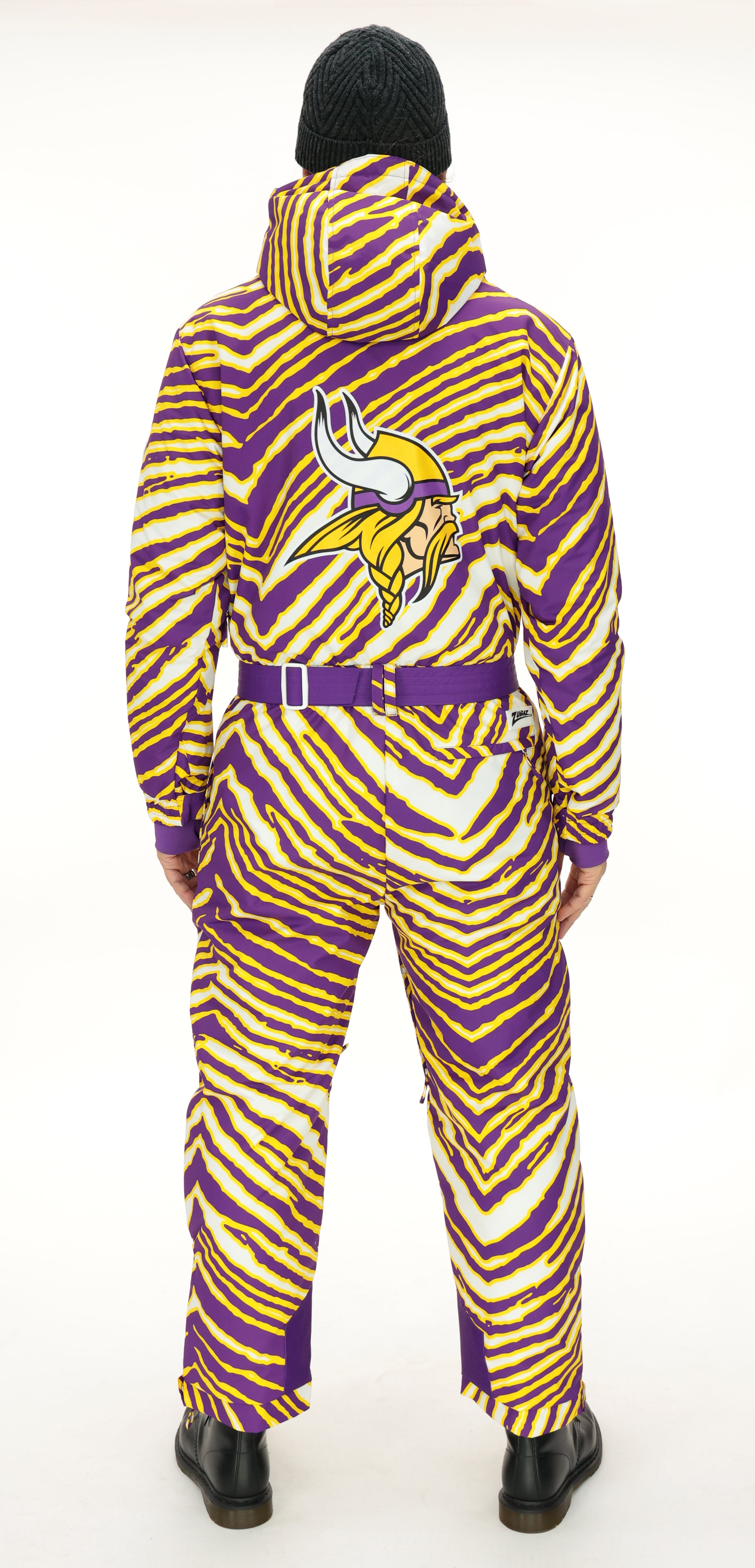 Zubaz NFL Adult Unisex Zebra Team Color Tundra Tux Snowsuit, Minnesota