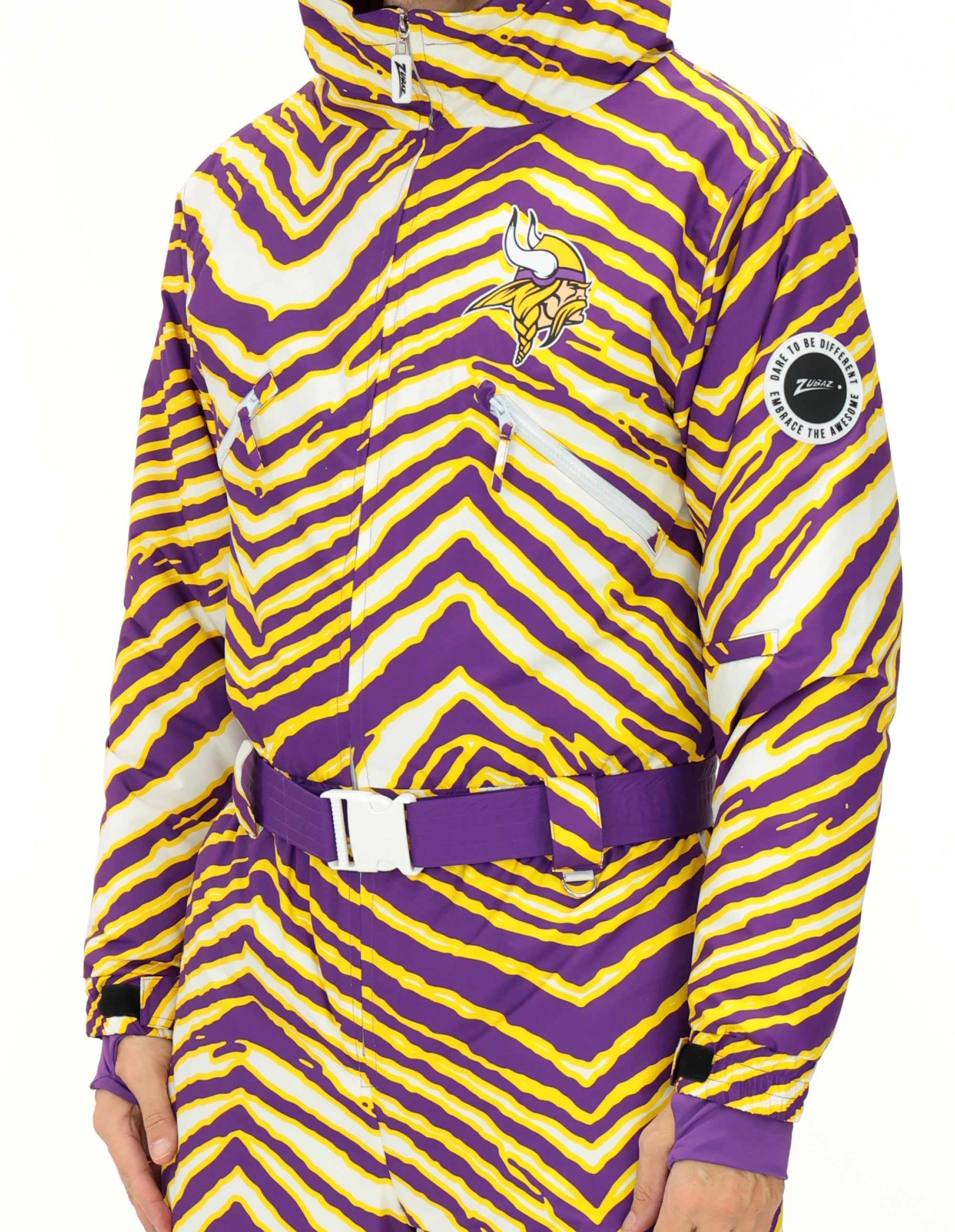 Zubaz NFL Adult Unisex Zebra Team Color Tundra Tux Snowsuit, Minnesota