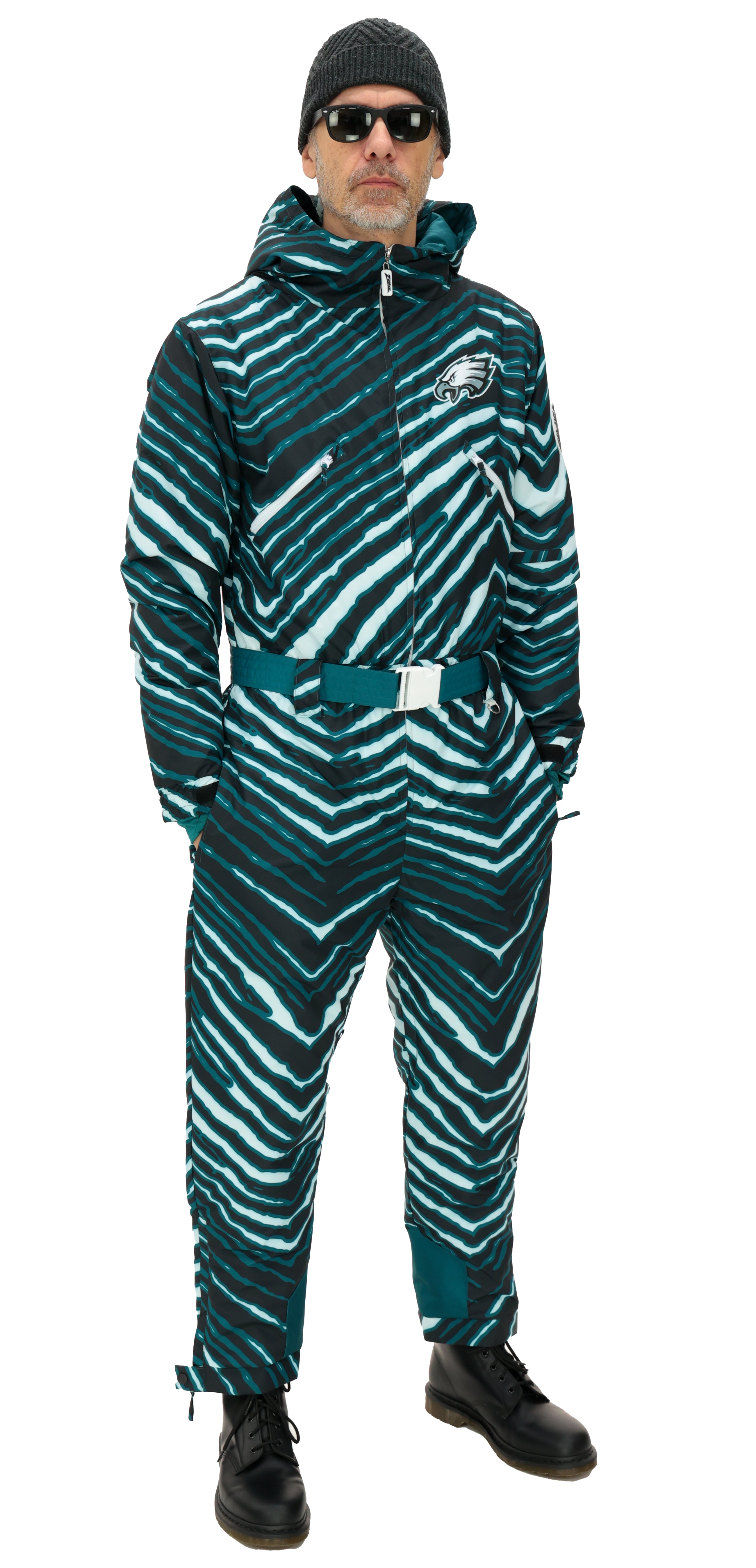 Zubaz NFL Adult Unisex Zebra Team Color Tundra Tux Snowsuit, Philadelp