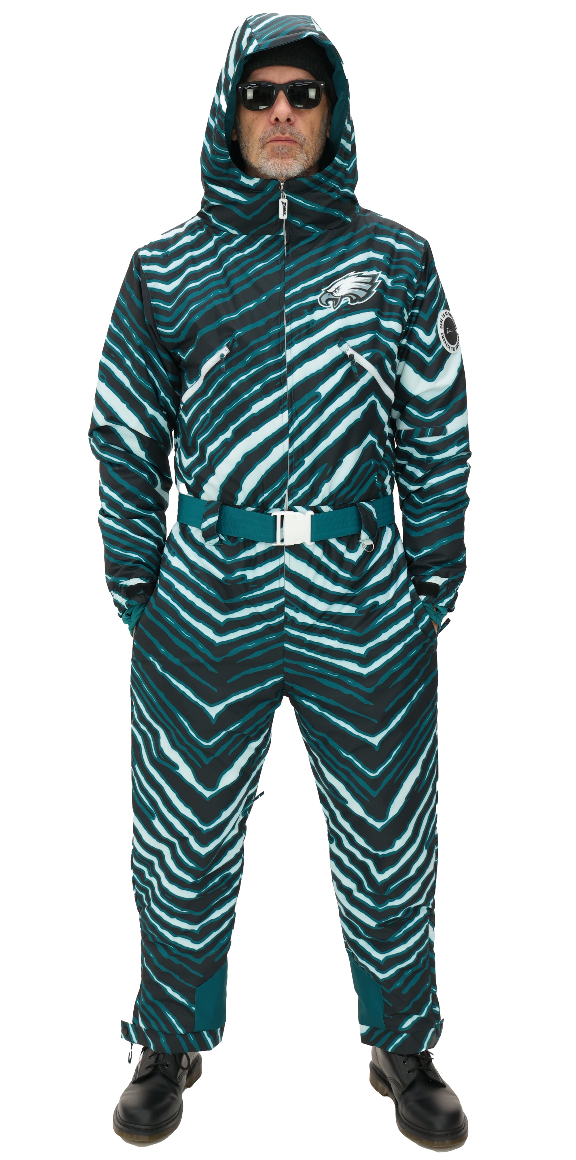 Zubaz NFL Adult Unisex Zebra Team Color Tundra Tux Snowsuit, Philadelp