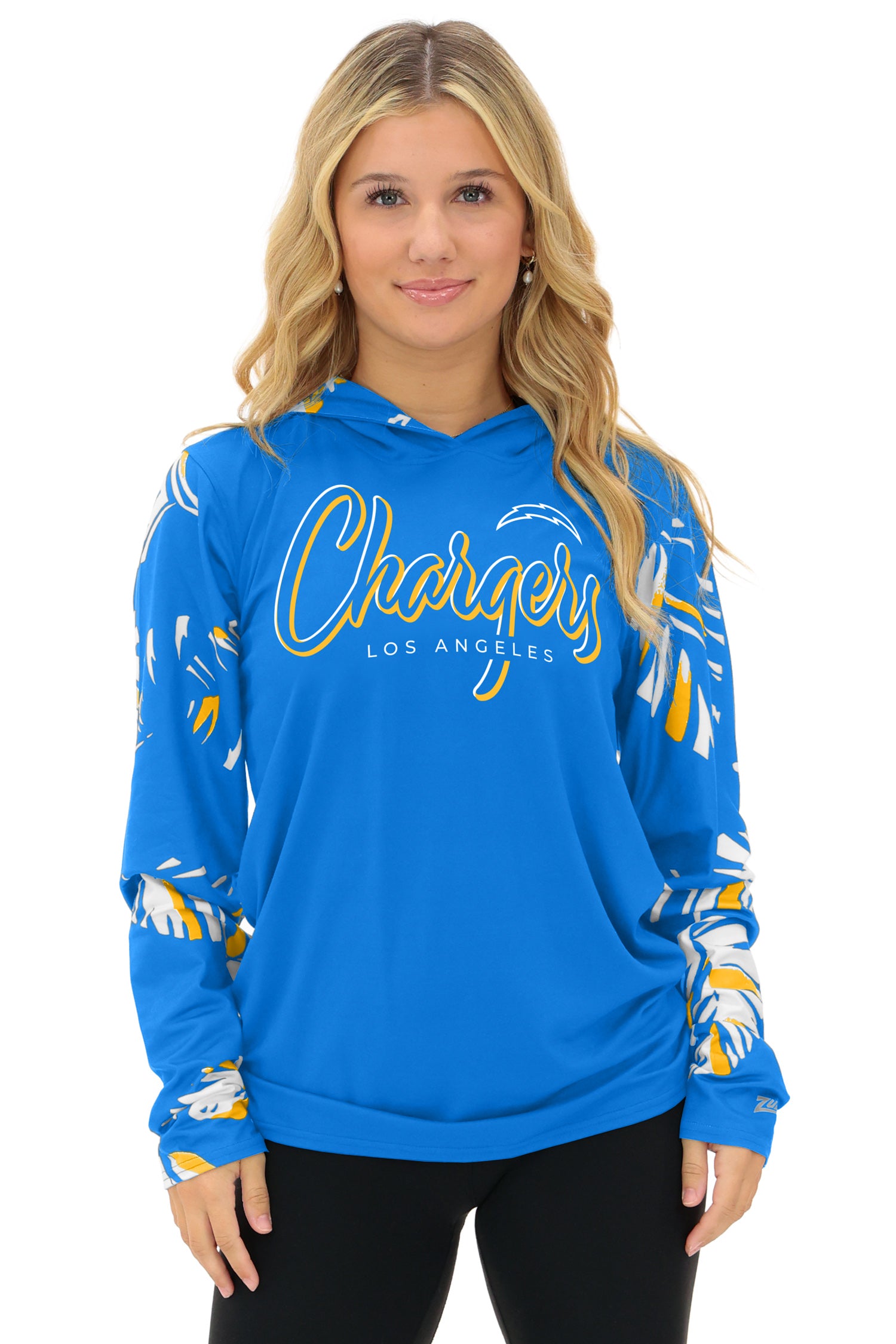 Zubaz NFL  WOMEN Casual Script Leaf Accent Lightweight Hoodie, LOS ANGELES CHARGERS
