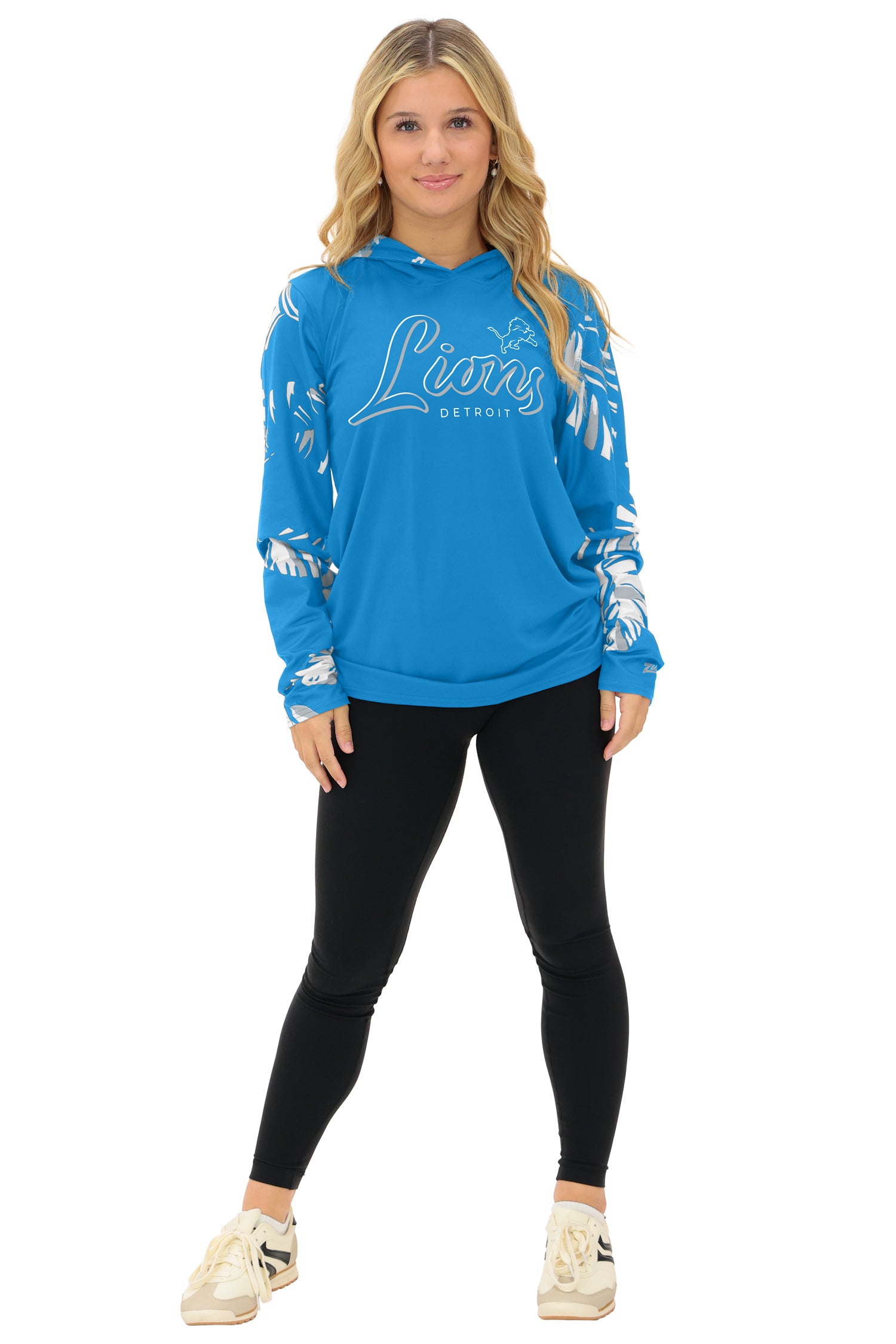 Zubaz NFL  WOMEN Casual Script Leaf Accent Lightweight Hoodie, DETROIT LIONS