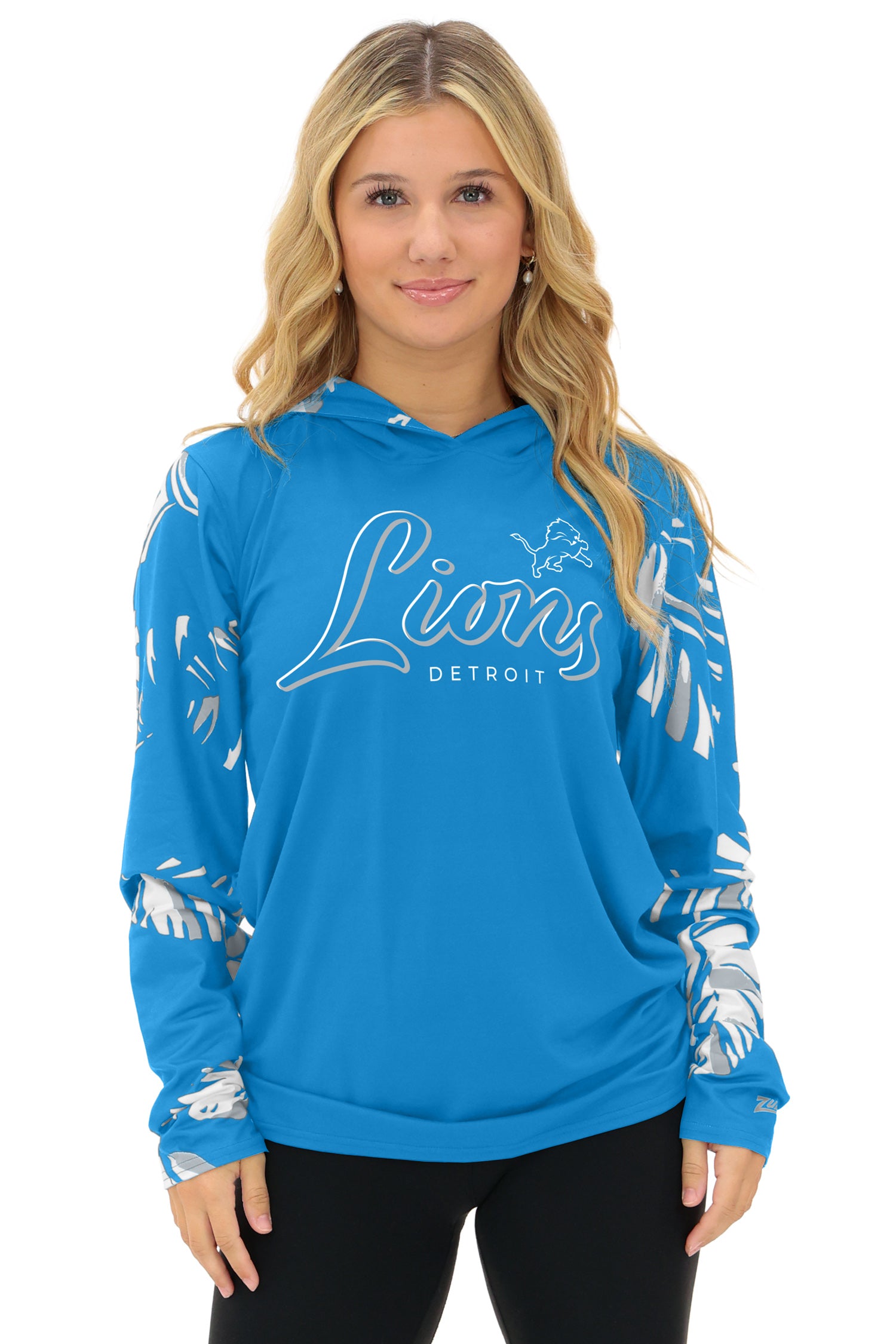 Zubaz NFL  WOMEN Casual Script Leaf Accent Lightweight Hoodie, DETROIT LIONS