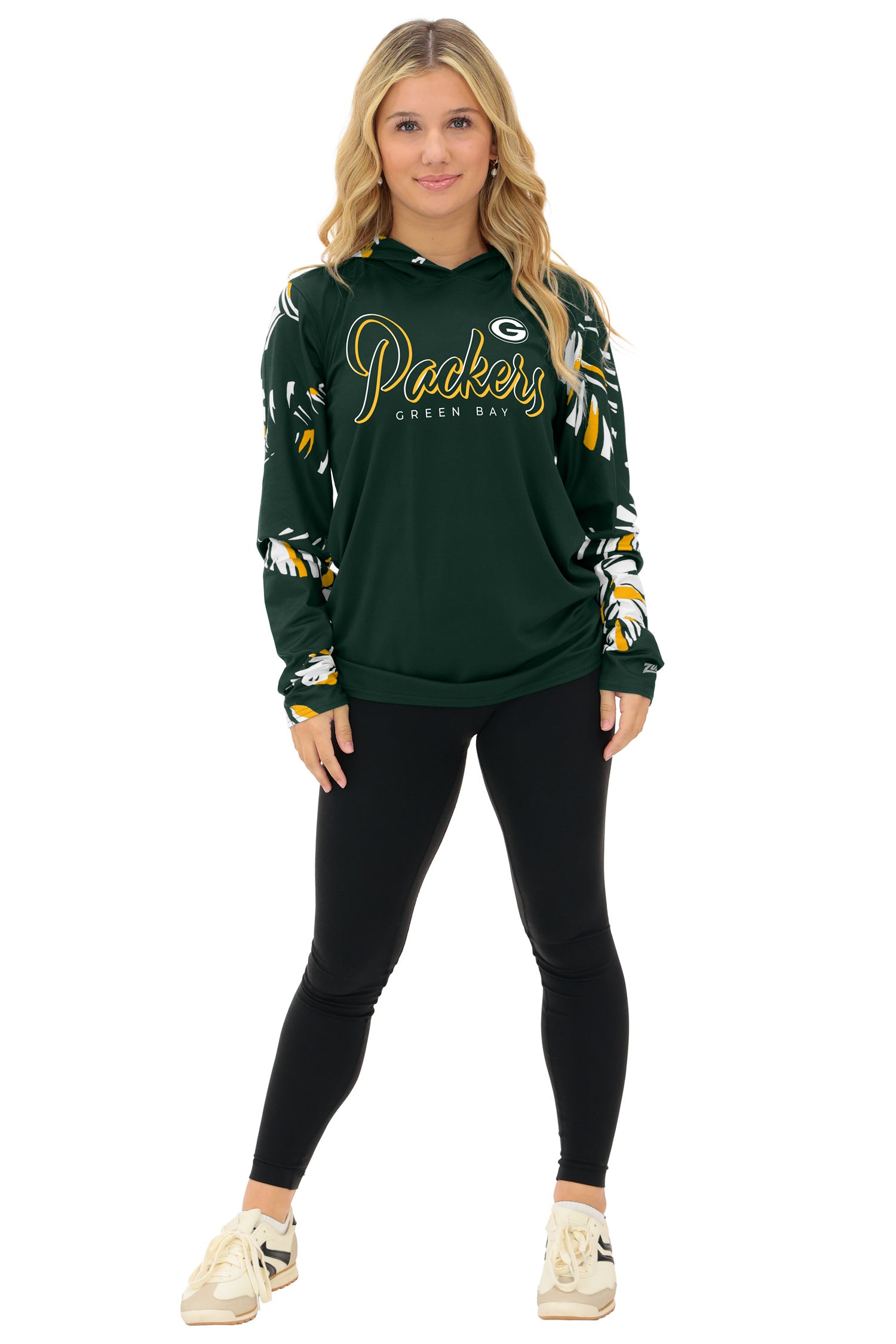 Zubaz NFL  WOMEN Casual Script Leaf Accent Lightweight Hoodie, GREEN BAY PACKERS