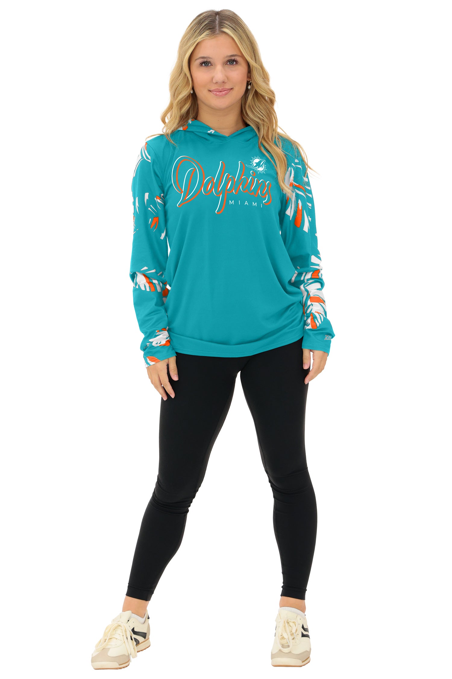 Zubaz NFL  WOMEN Casual Script Leaf Accent Lightweight Hoodie, MIAMI DOLPHINS