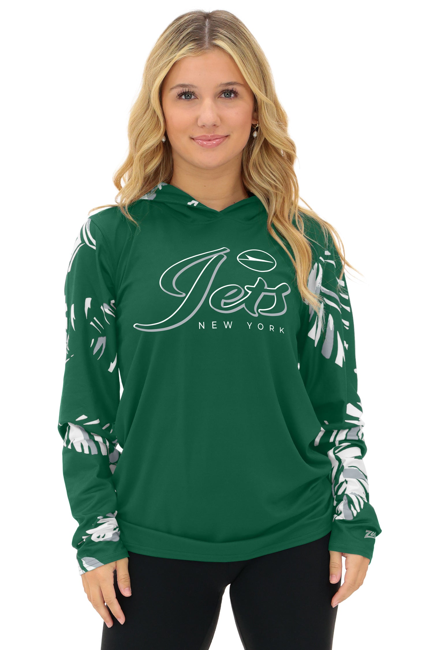 Zubaz NFL  WOMEN Casual Script Leaf Accent Lightweight Hoodie, NEW YORK JETS