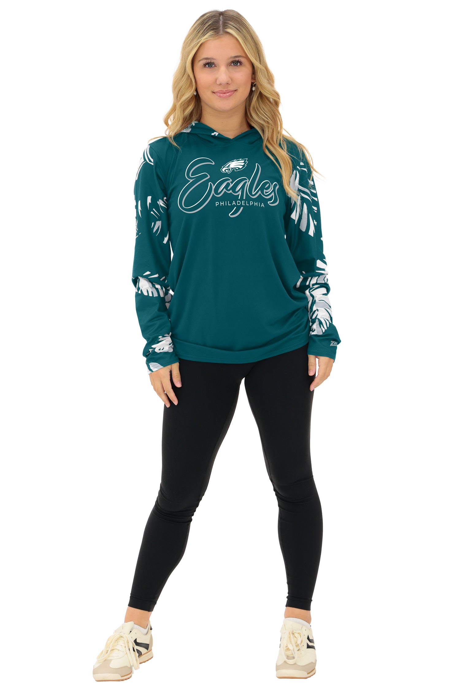 Zubaz NFL  WOMEN Casual Script Leaf Accent Lightweight Hoodie, PHILADELPHIA EAGLES