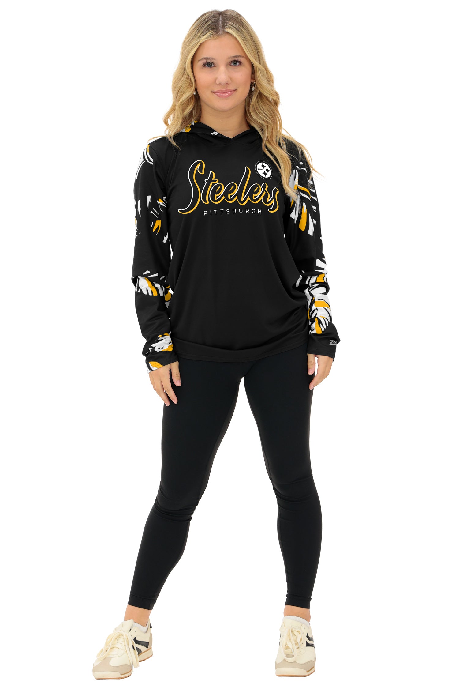 Zubaz NFL  WOMEN Casual Script Leaf Accent Lightweight Hoodie, PITTSBURGH STEELERS