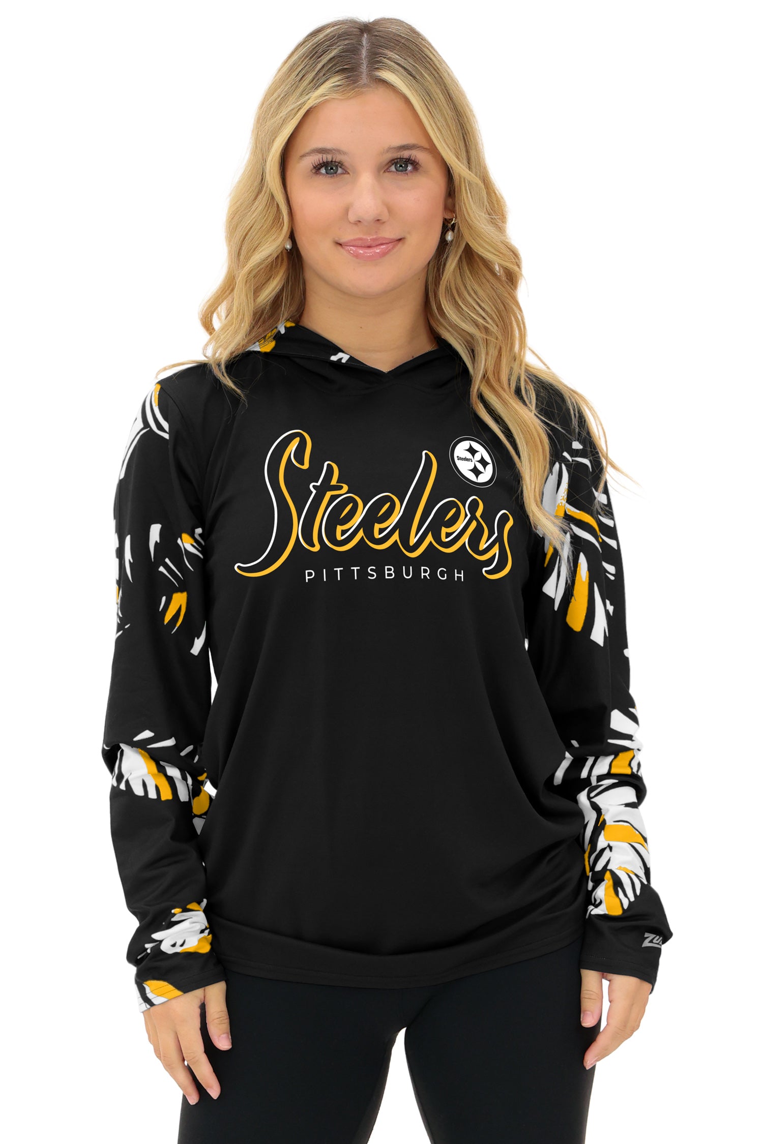 Zubaz NFL  WOMEN Casual Script Leaf Accent Lightweight Hoodie, PITTSBURGH STEELERS