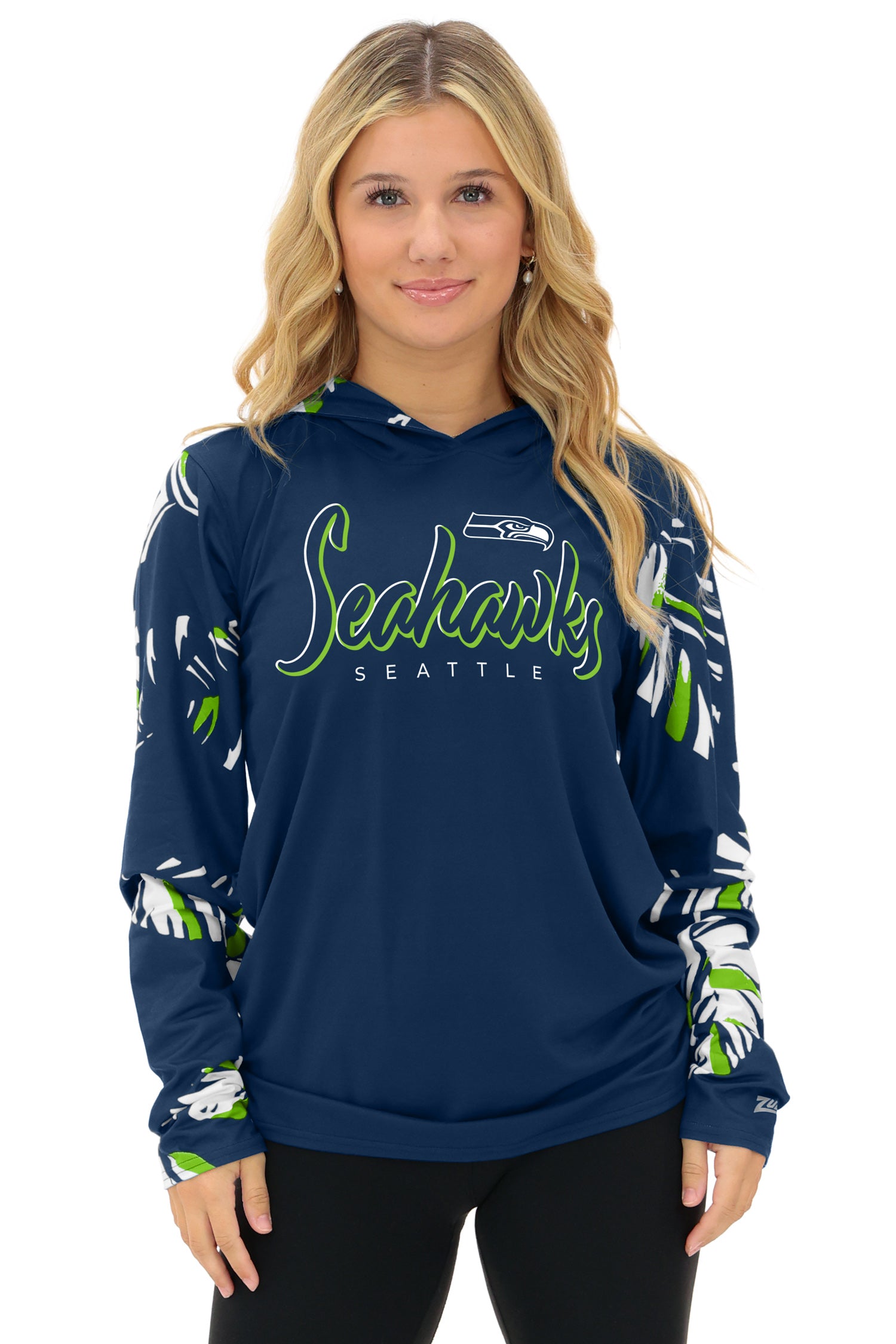 Zubaz NFL  WOMEN Casual Script Leaf Accent Lightweight Hoodie, SEATTLE SEAHAWKS