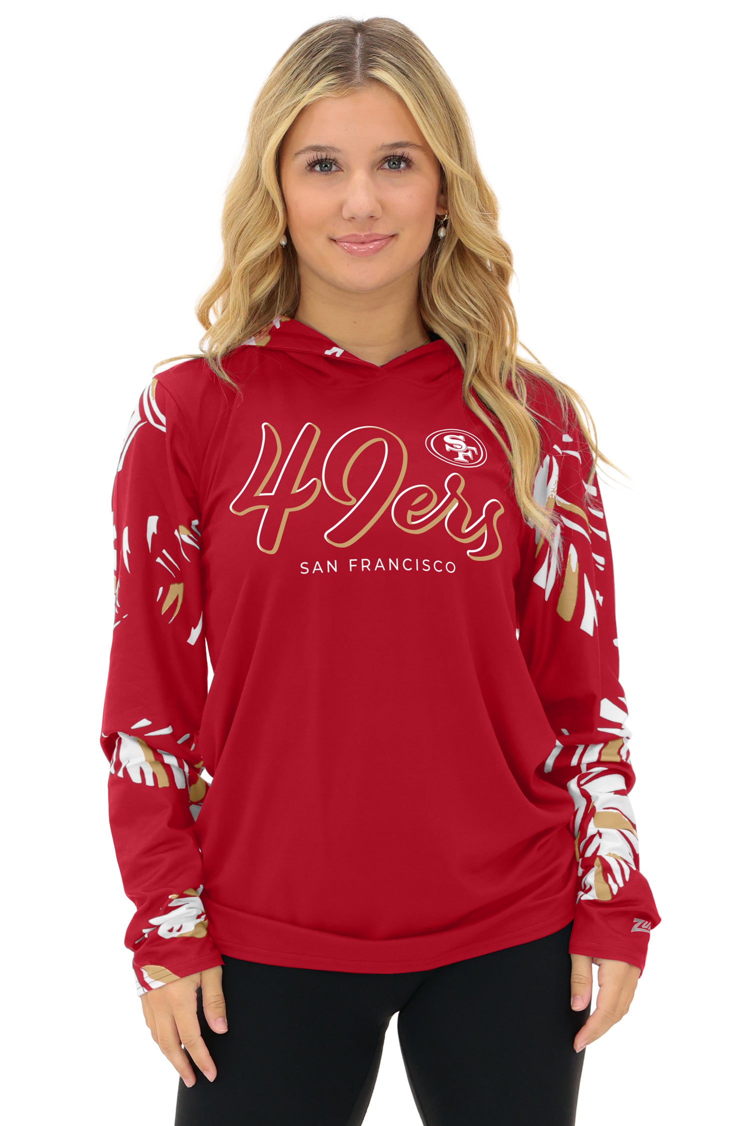 Zubaz NFL  WOMEN Casual Script Leaf Accent Lightweight Hoodie, SAN FRANCISCO 49ERS