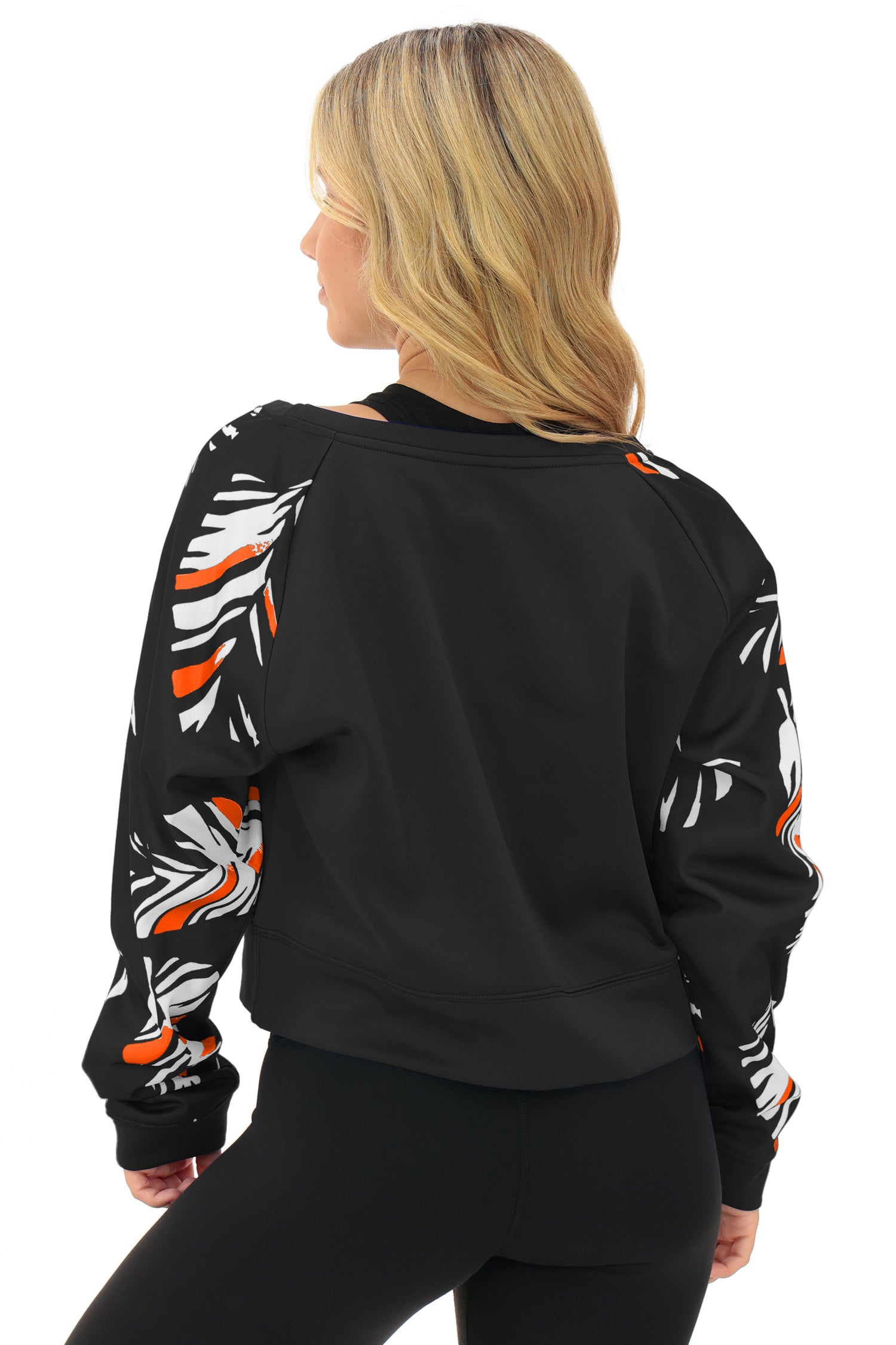 Zubaz NFL   Women's Script 3 Color Leaf Boatneck Raglan Crew, CINCINNATI BENGALS