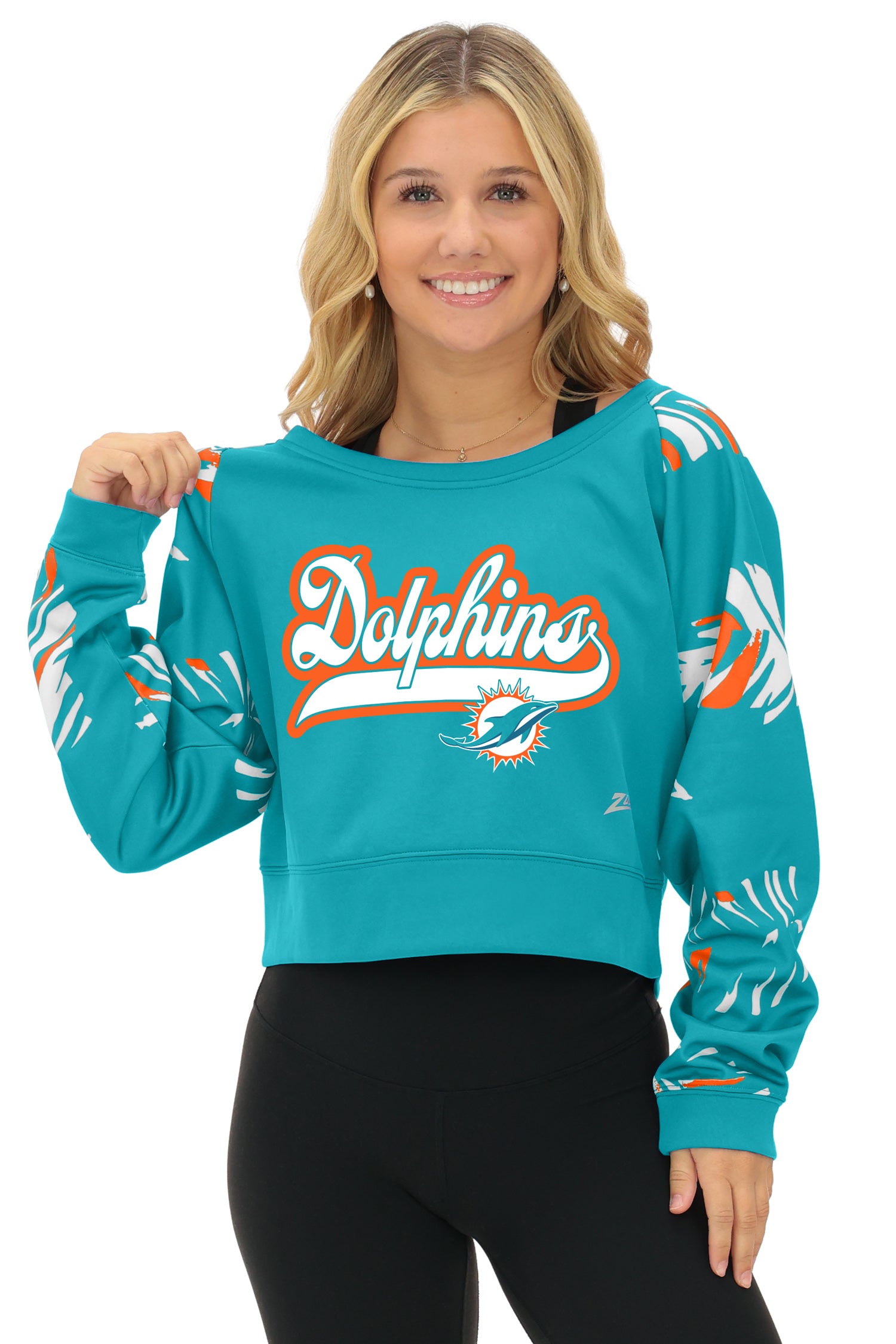 Zubaz NFL   Women's Script 3 Color Leaf Boatneck Raglan Crew, MIAMI DOLPHINS