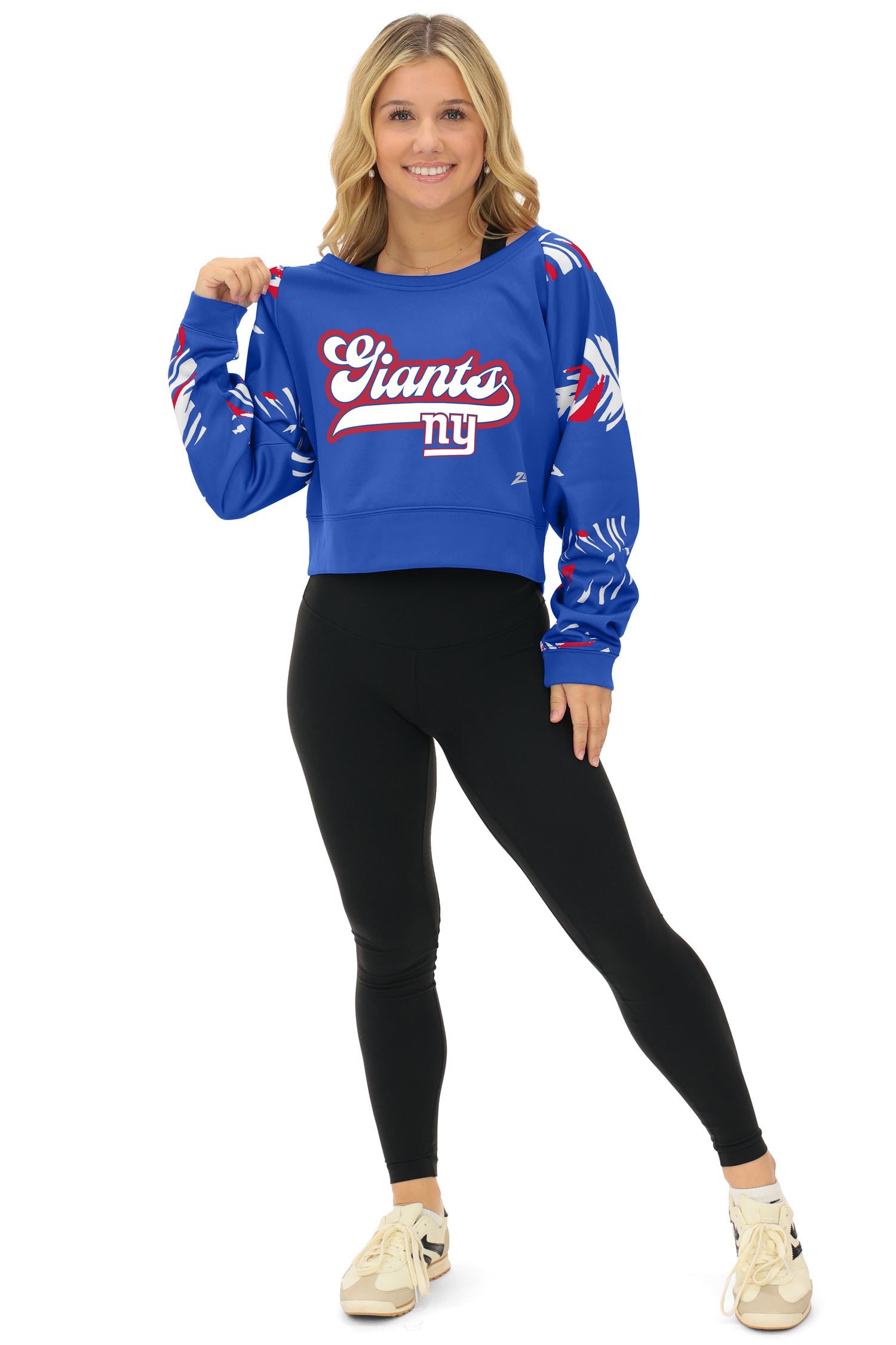 Zubaz NFL   Women's Script 3 Color Leaf Boatneck Raglan Crew, NEW YORK GIANTS